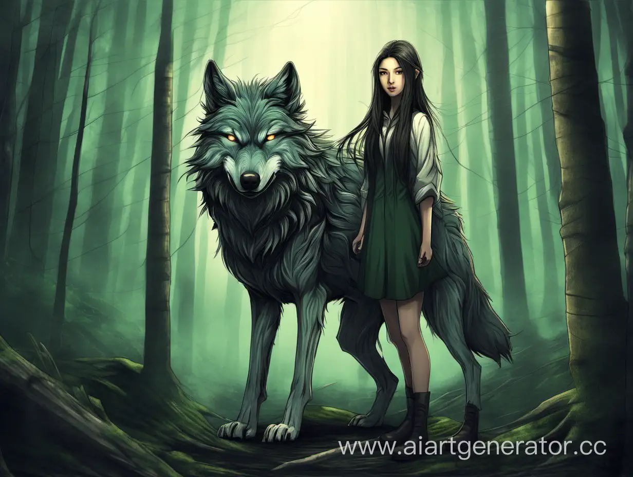 Enchanting-Encounter-Young-Girl-in-a-Mystical-Forest-with-a-Wolf