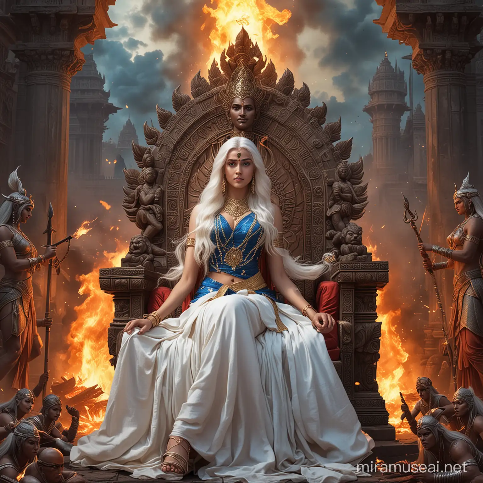 Powerful Hindu Empress on Majestic Throne with Fire and Gods