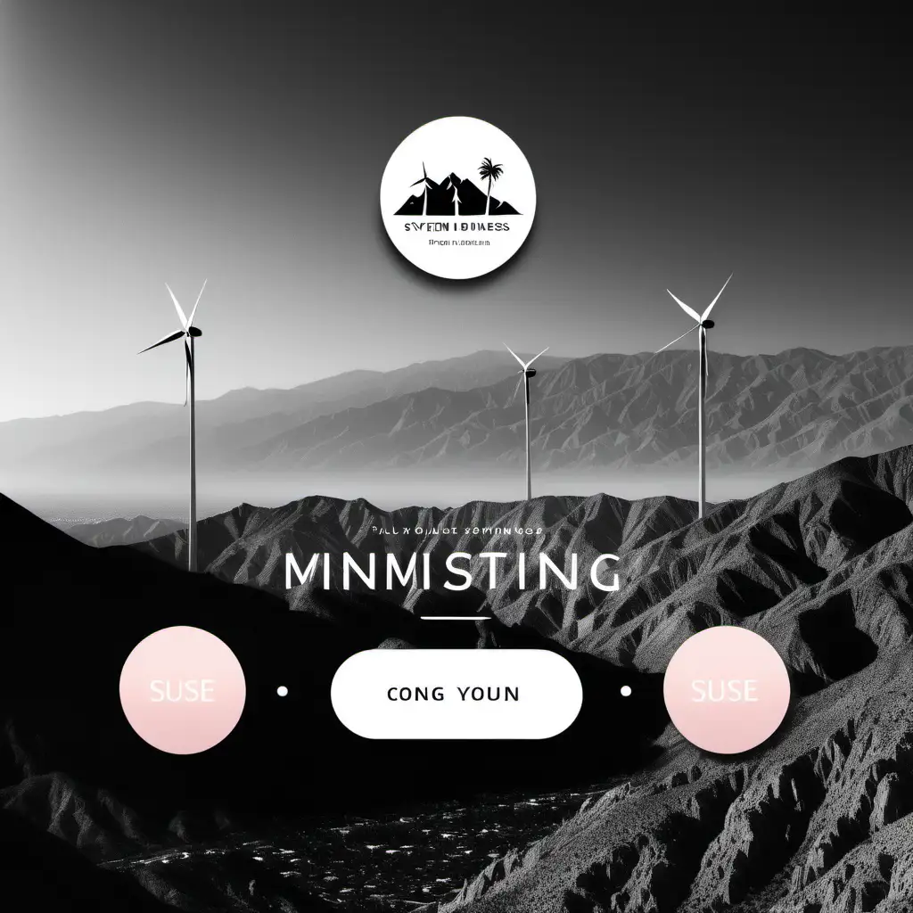 Imagine a Business/Portfolio minimalistic Website web design for a business , ux, ui, navigation, menus, text, digital, vector, 3d use realistic Palm Springs mountains, black and White high resolution. Website is high fashion, sexy, memorable and minimalistic, Home Button, contact button, book button, research button, testimonal button, product button, Energy enhancement system button, use the Palm Springs mountains and windmills in the photos.  suttle use of light pink for book now button to pop. Please make this website sexy, minimalistic, high fashion

