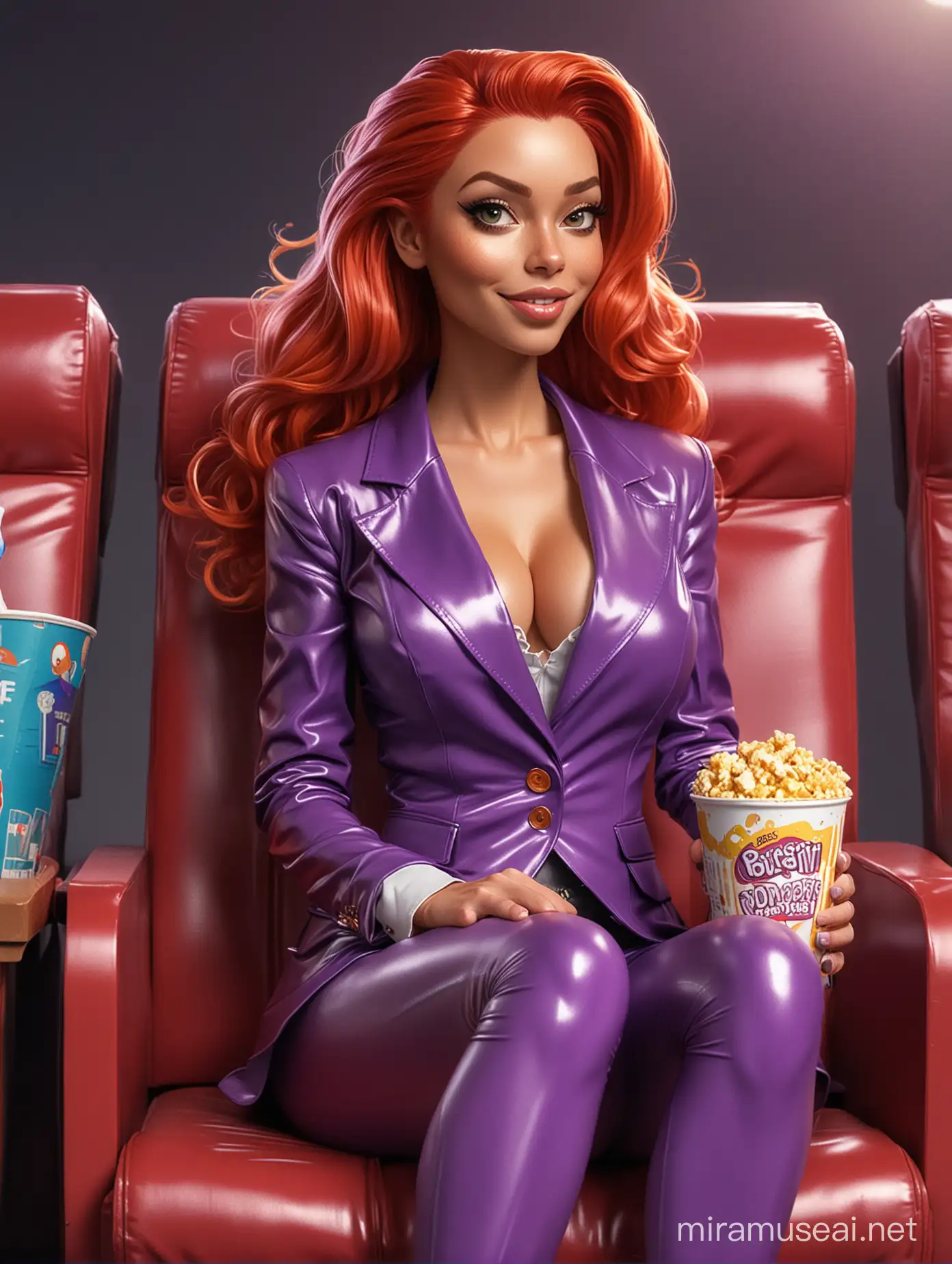 Make full-body red-haired Starfire from DC Comics illustration in caricature artstyle, with its original purple latex superhero less skin-exposed blazer suitstyle , less sexy,  sitting with feet folded on a cinema seat, holding popcorn box and a cup of slurpee, eyes on the cinema screen, not to the camera, watching the movie with slighlty happy expression
