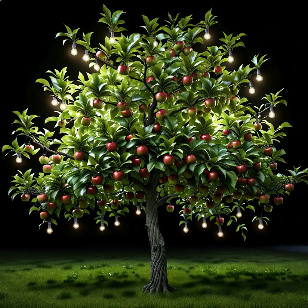 Photographically realistic, high definition, An Apple tree with lush green leaves, carries only light bulbs.  