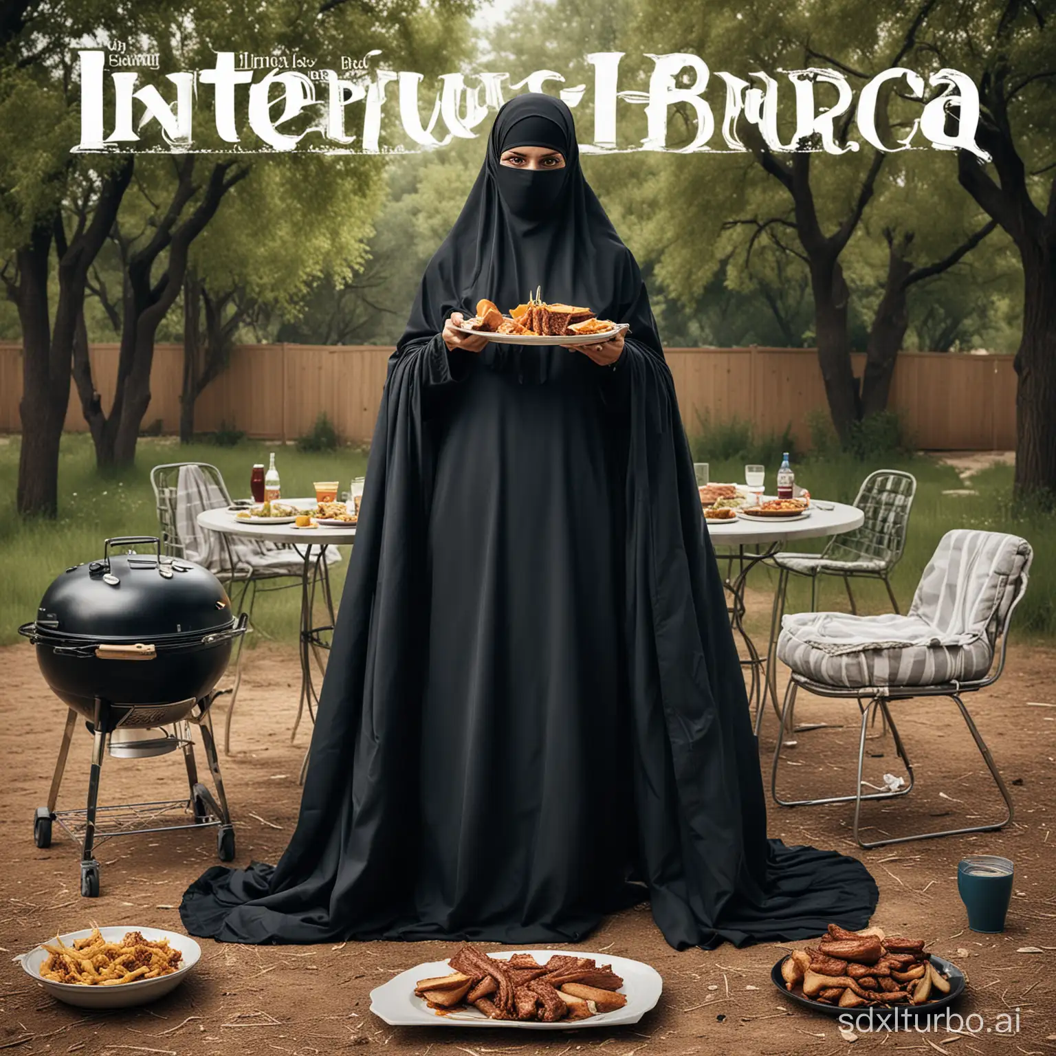 Satirical-Culinary-Scene-Woman-in-Burka-Dining-at-Oversized-Texas-BBQ