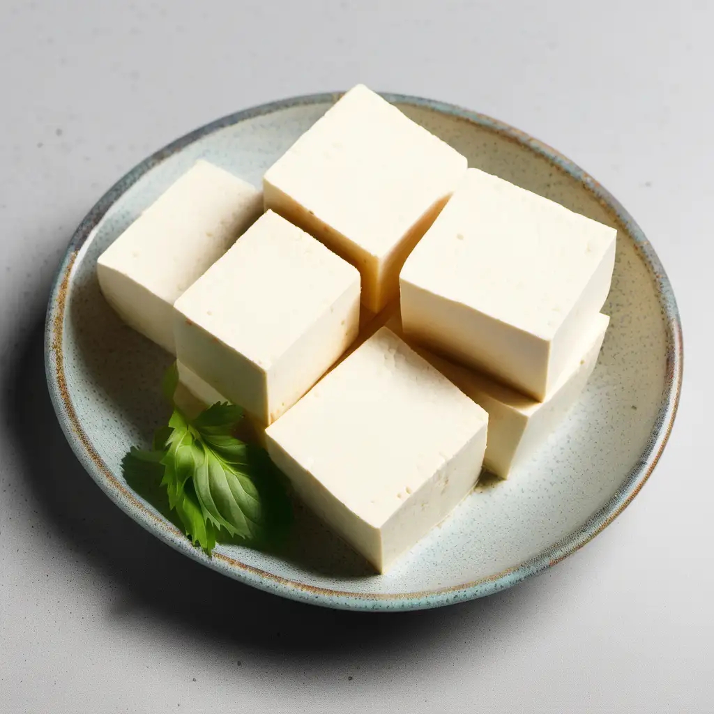 Fresh Raw Tofu Cubes on Ceramic Plate