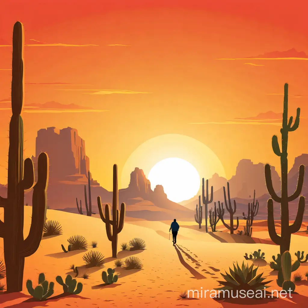 mexican desert, cactuses, sunset, a man walking toward the horizon,  
