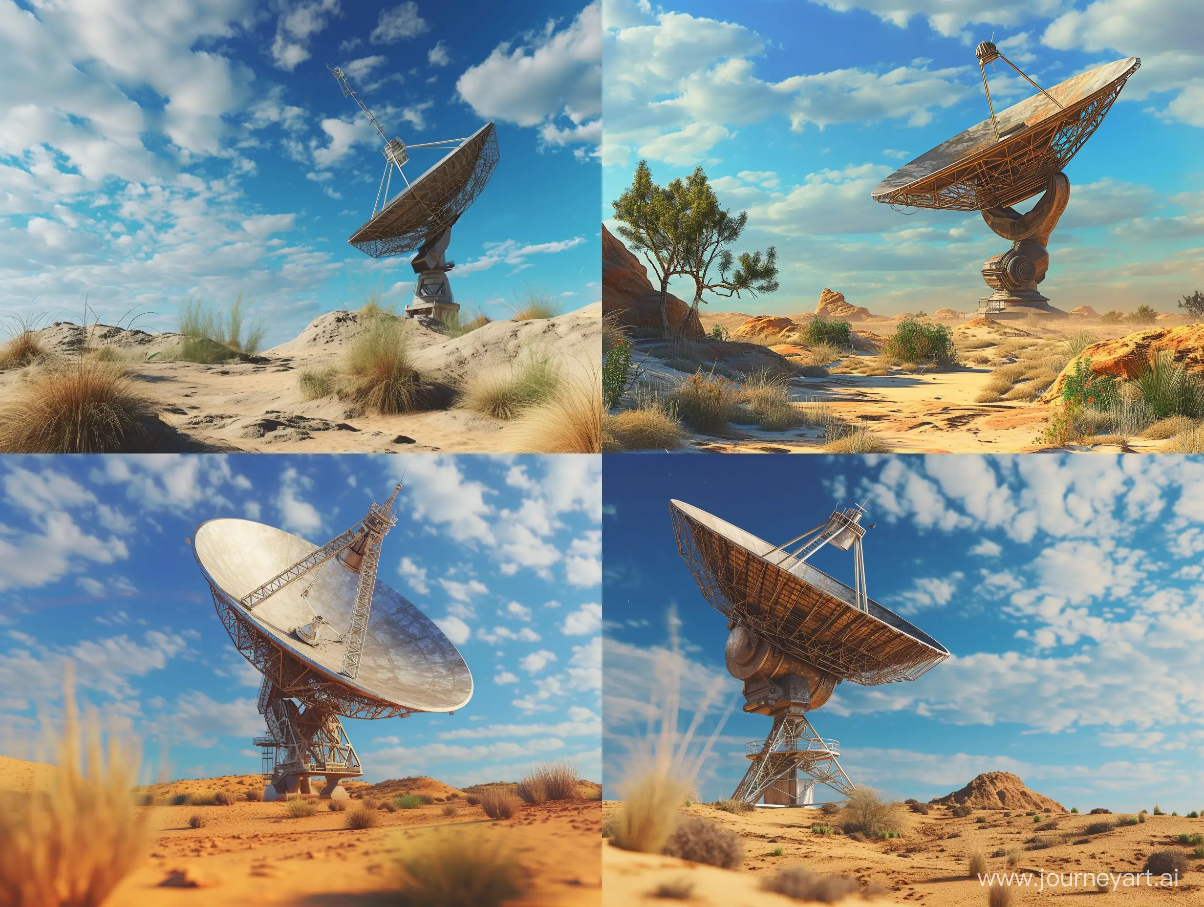 Создай фотореалистичную картинку радиотелескопа в пустыне. Тарелка телеескопа должна смотреть вверх. На фоне создай синее небо с облаками.
