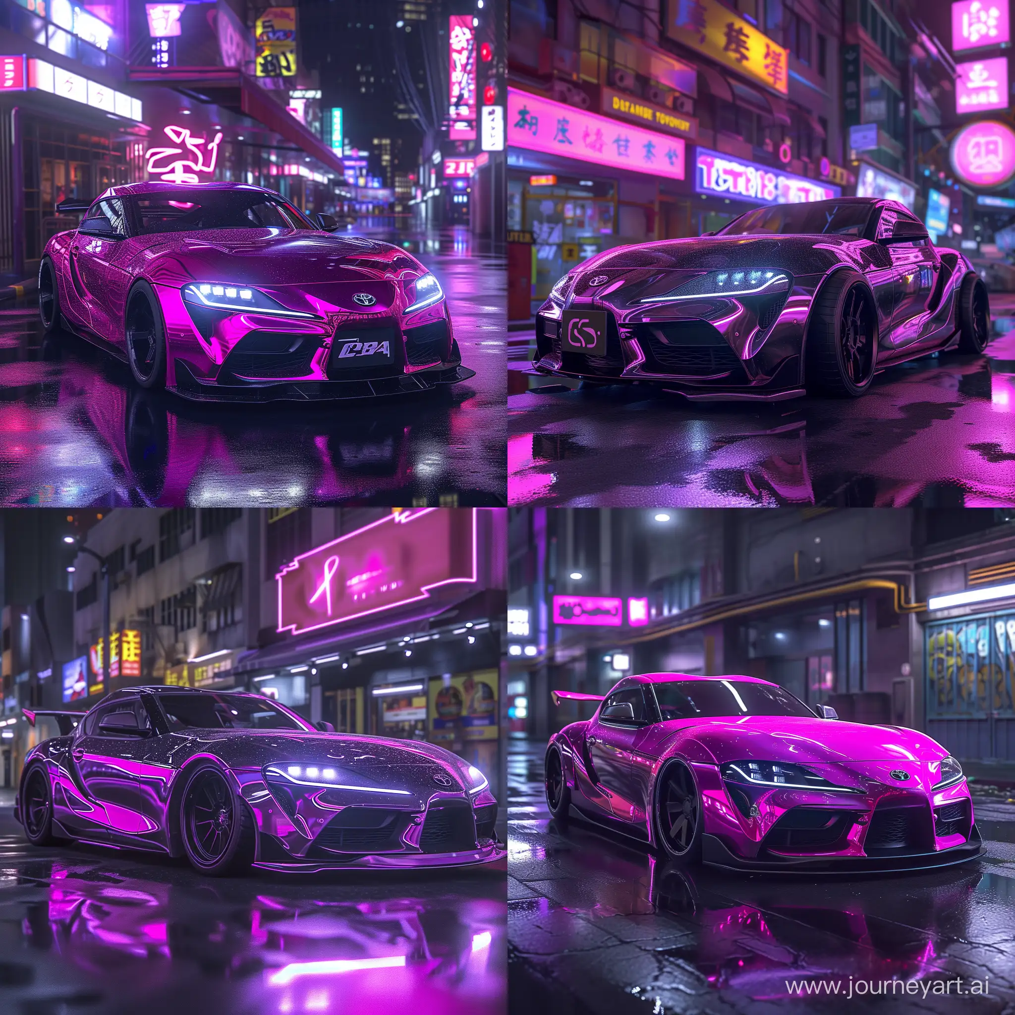 Toyota Supra 2024 in Cyberpunk style, majestic purple hues, cinematic lighting. 