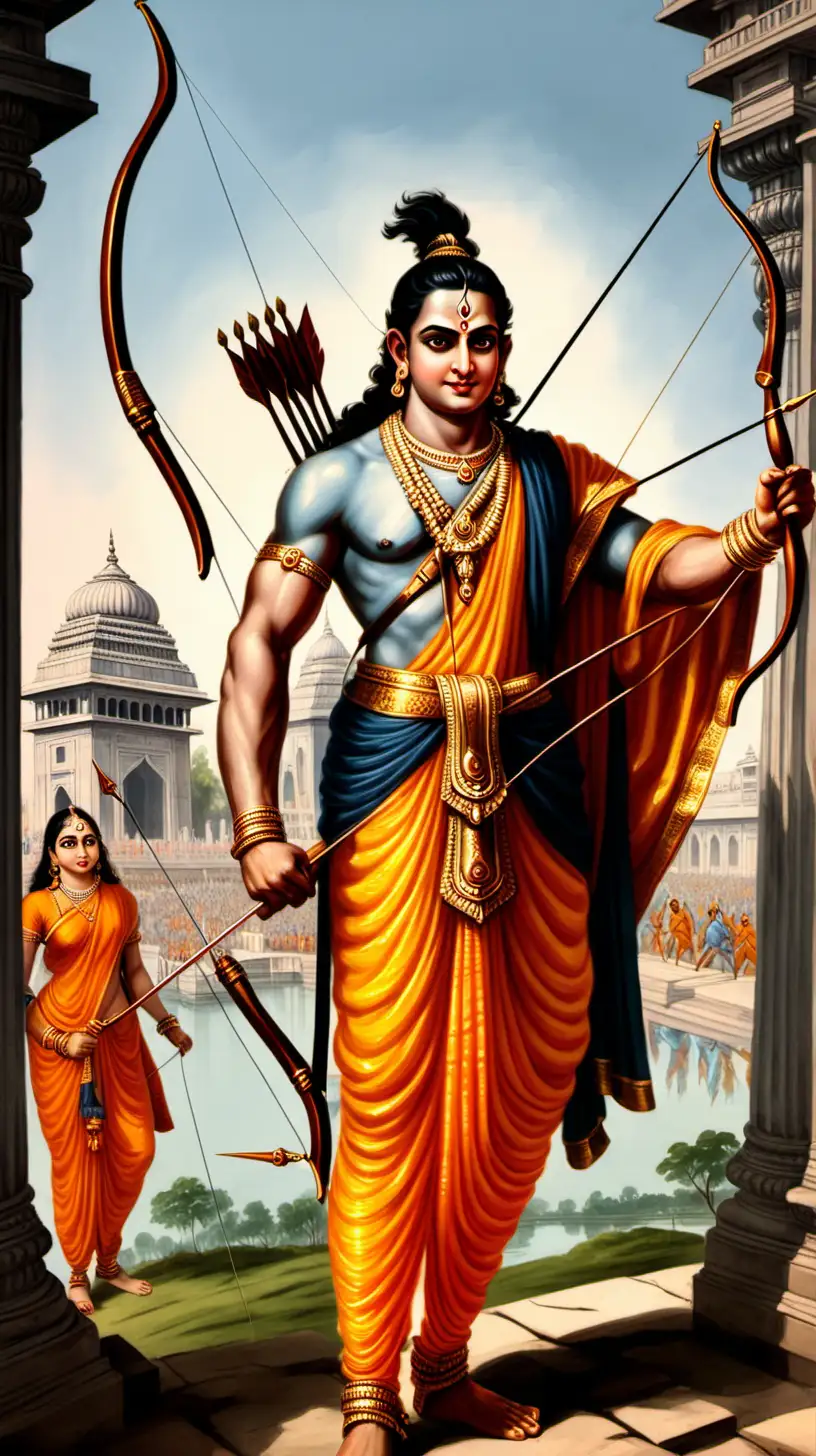 handsome lord Ram with bow and arrow returning to ayodhya which is his palace 