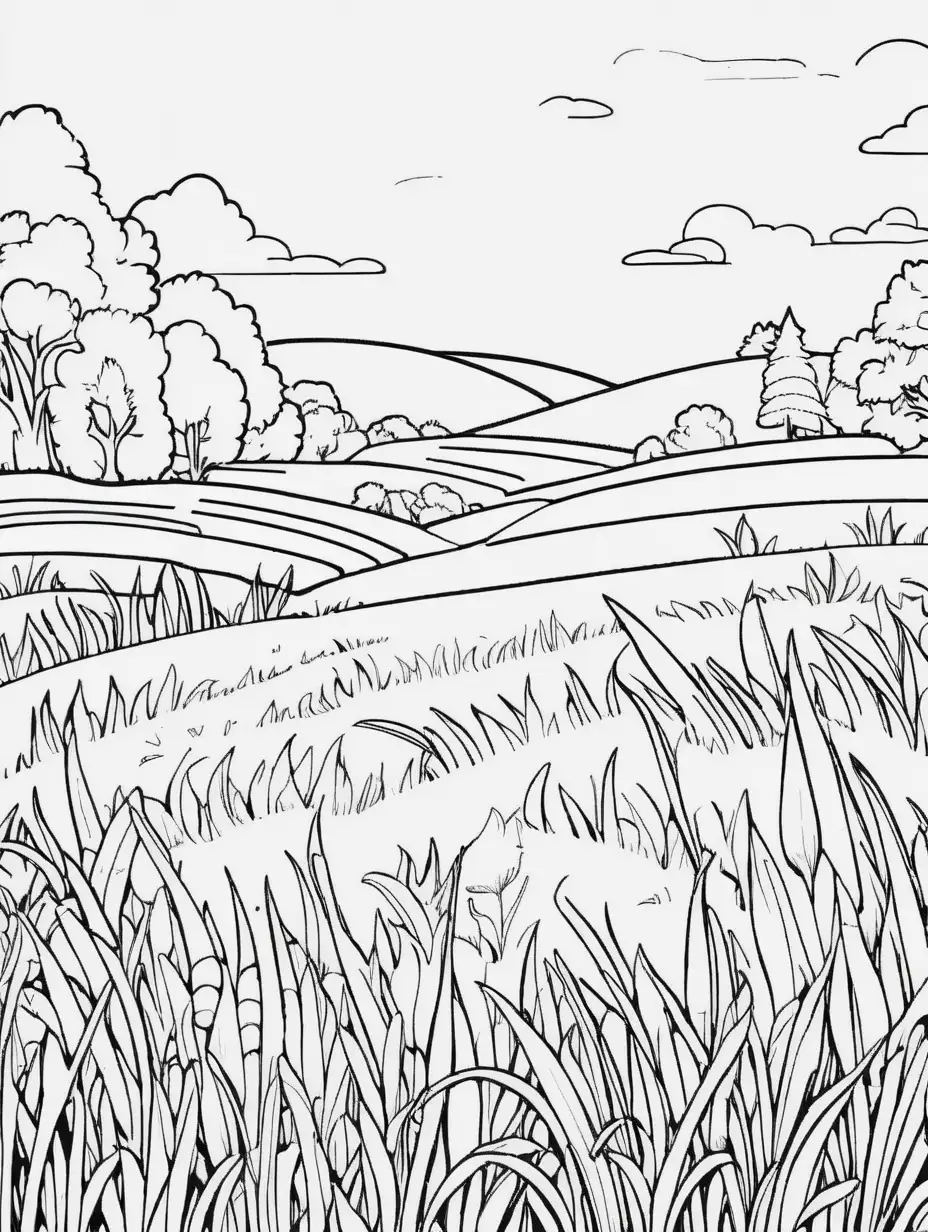 image of a coloring book grassy field. cartoon style. black and white. high detail. UHD. No shading.