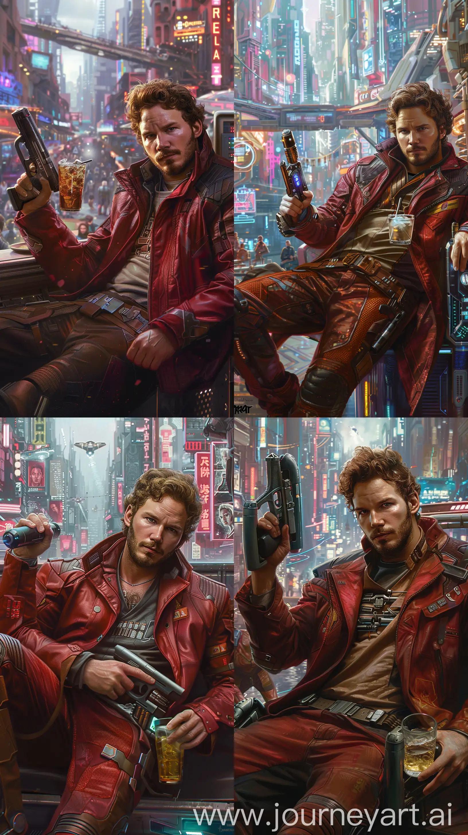 In the image, Star-Lord and his team, a man with brown hair and a beard, is holding a blaster while sitting on a booth in a cyberpunk city. He wears a red jacket and holds a drink in his hand. The background features a cityscape with neon lights --ar 9:16 --s 250