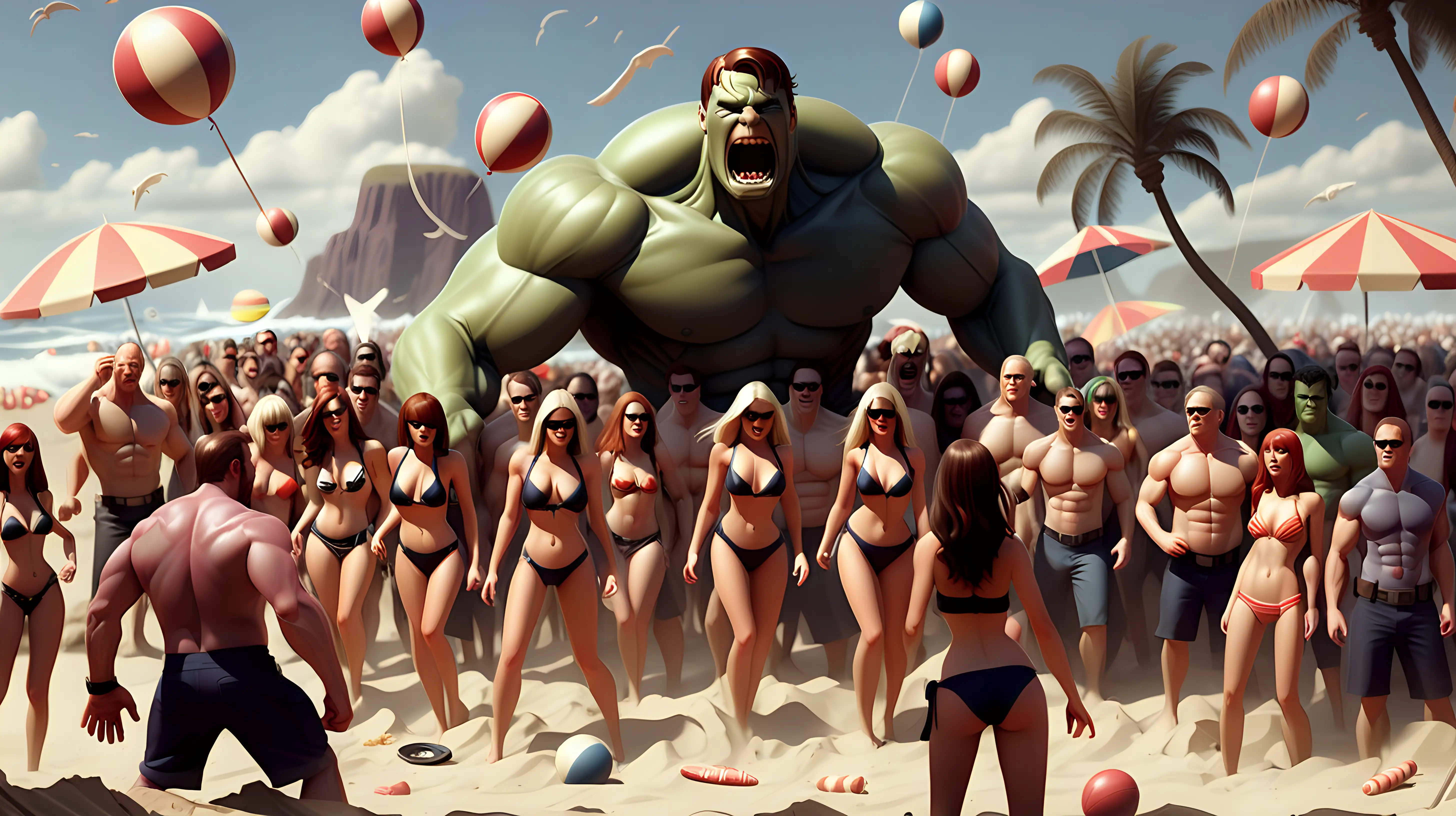 an epic beach party , i want this in landscape format 16:9 in Avenger style, zoom in on the party 