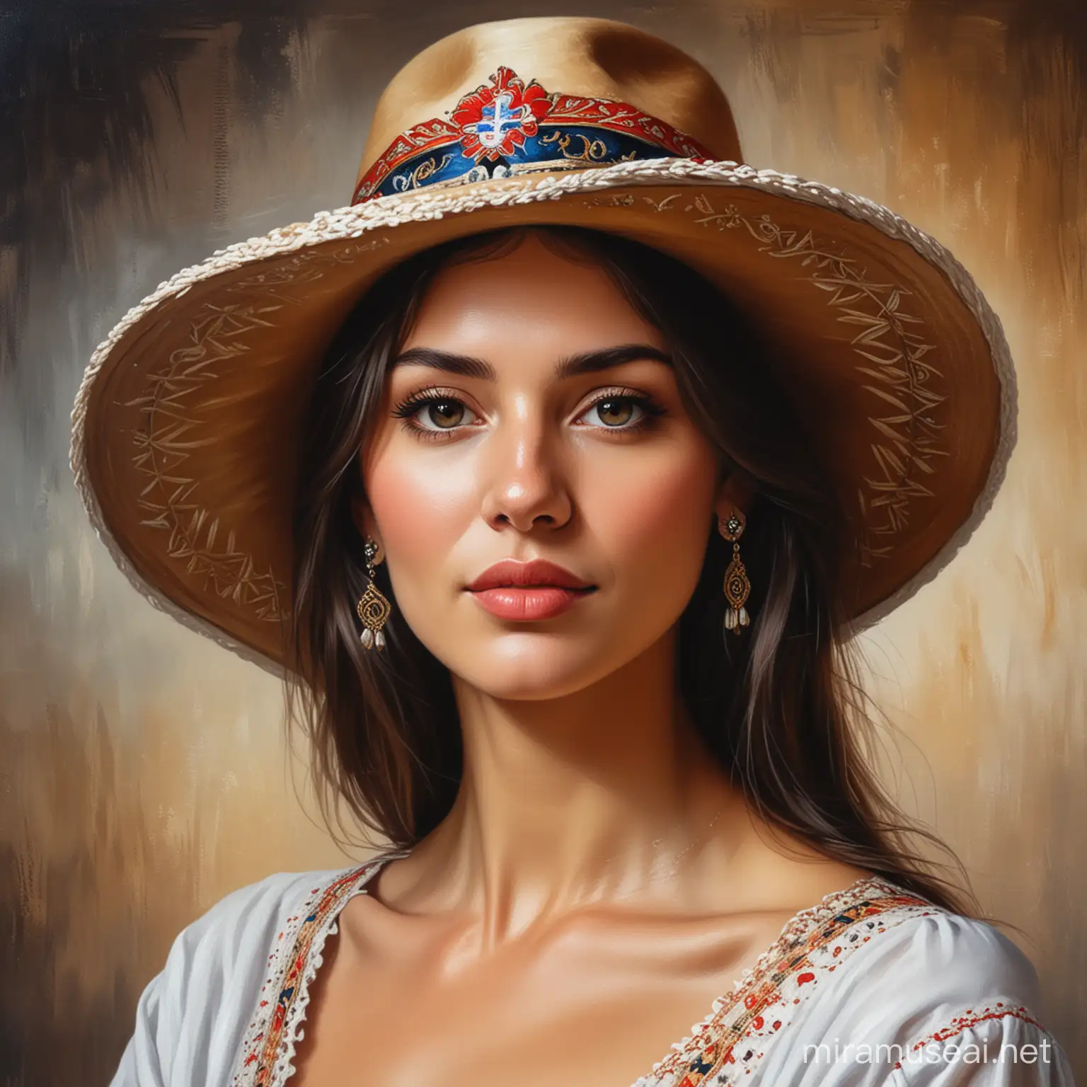 Beautiful Serbian woman portrait painting in a tradition hat