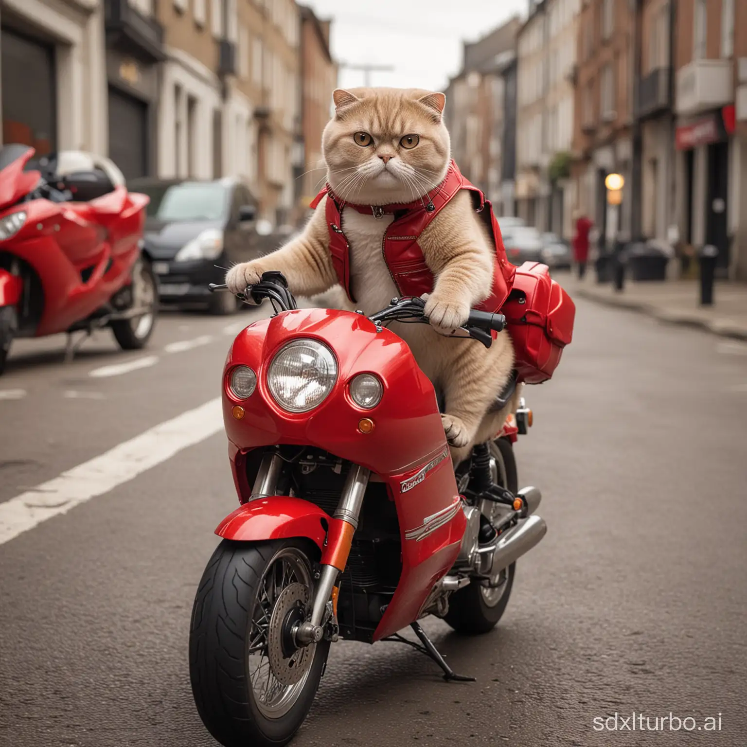 A muscular anthropomorphic Scottish Fold cat RIDING A RED SUPER MOTORCYCLE THROUGH THE STREETS