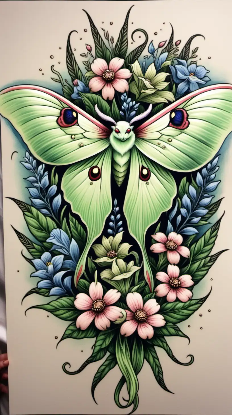Colorful Luna Moth and Flower Bouquet Neo Traditional Art