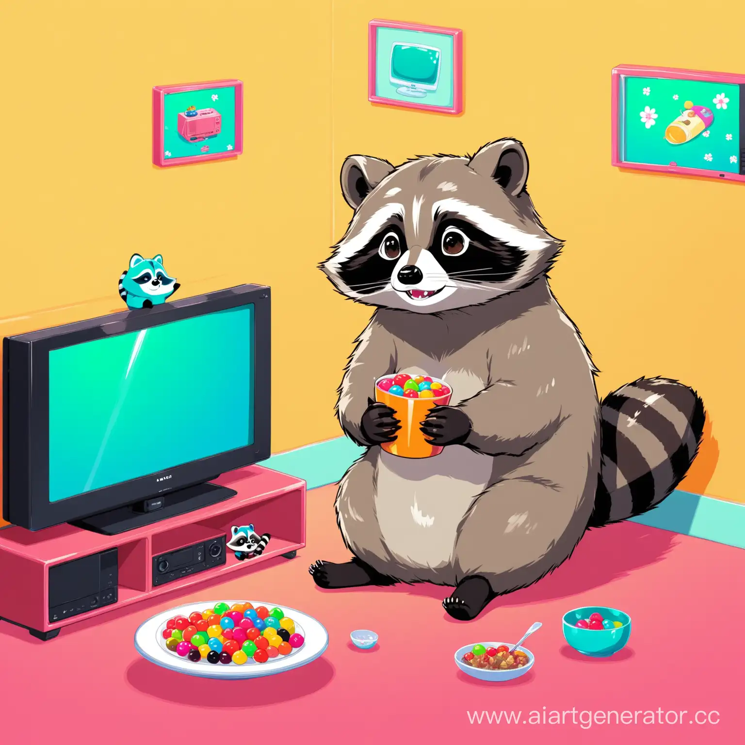 Colorful-Raccoon-Enjoying-TV-Snack-Time