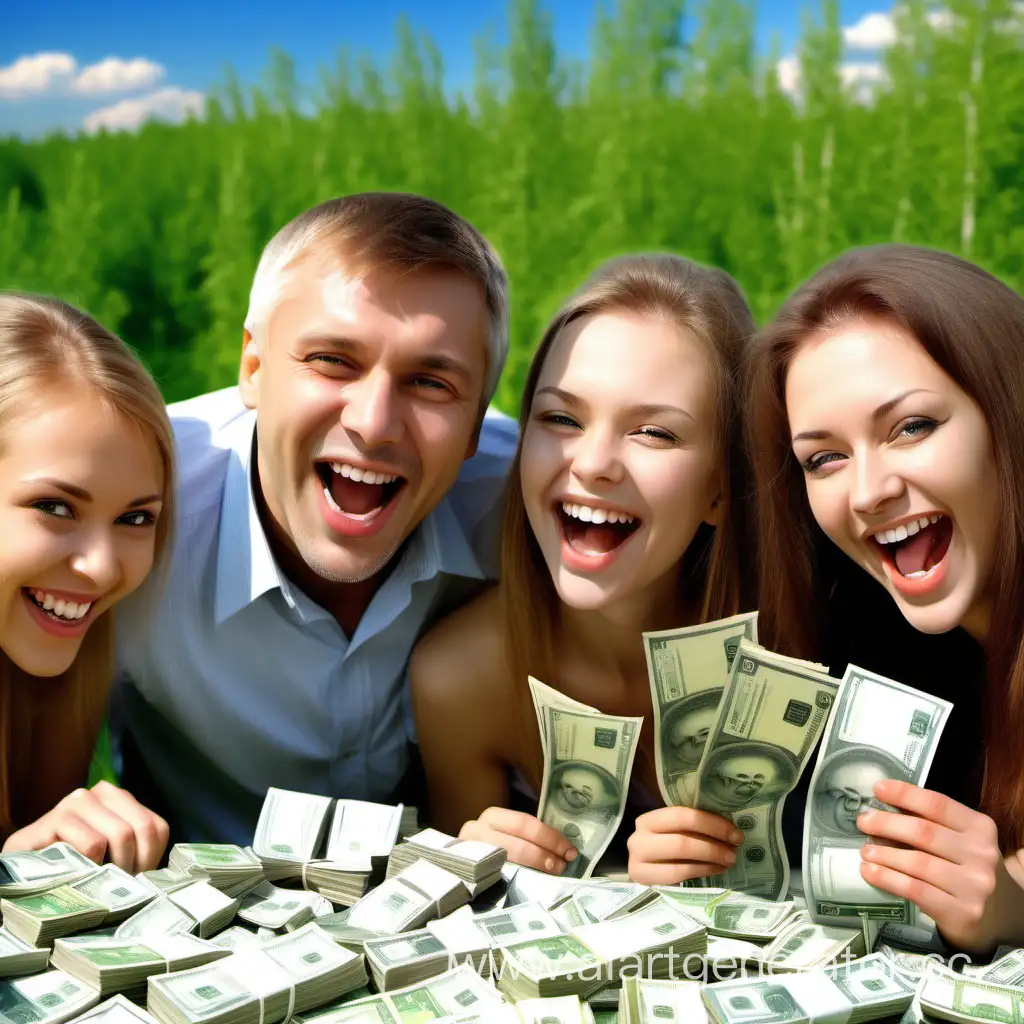 счастливые люди несколько человек на фоне денег в рублях и природа