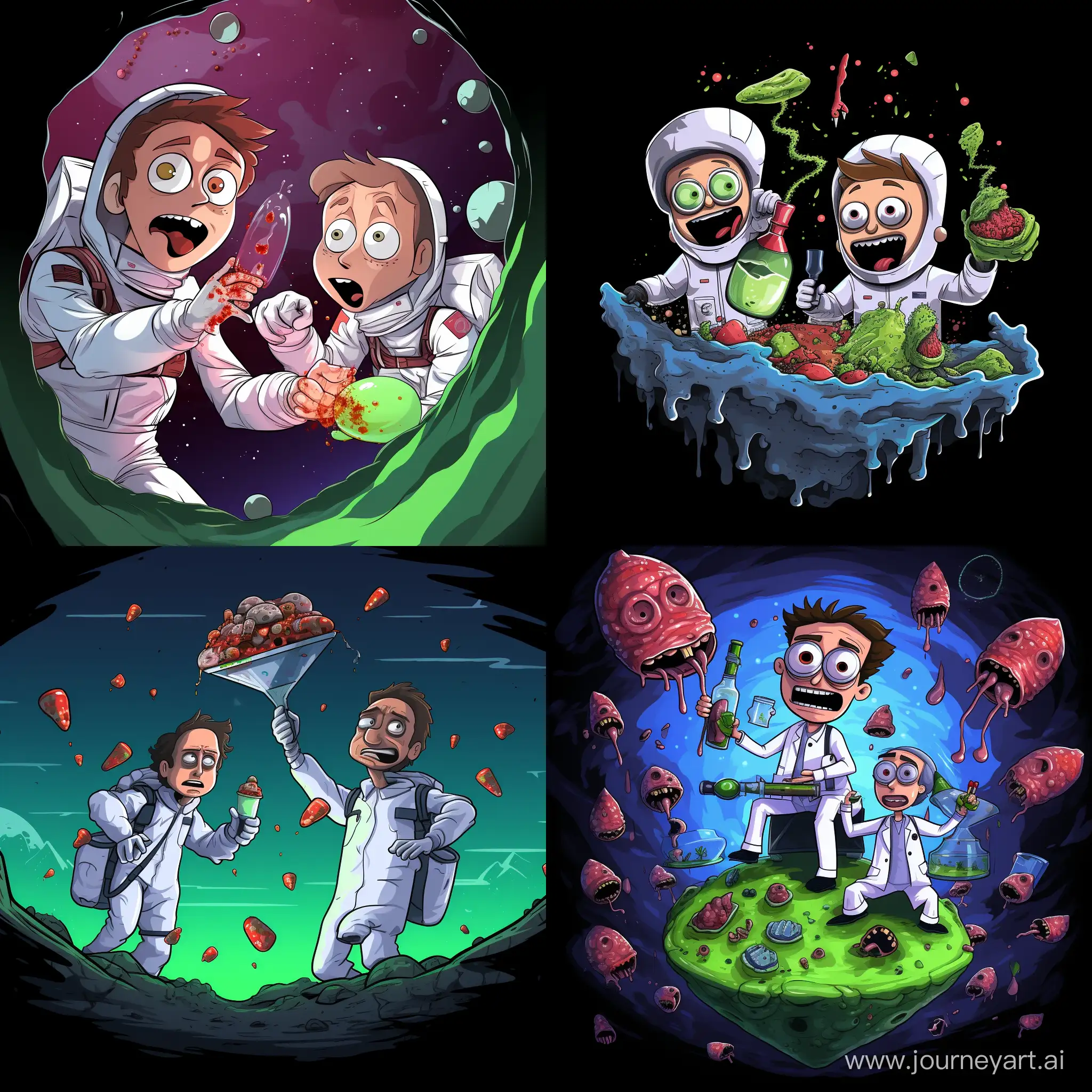 Rick Sanchez, wearing a lab coat and an astronaut helmet, and Morty are holding hands, Morty is holding a half-eaten red psilocybin mushroom with white dots in one hand, and in Rick's hand is a conical flask half filled with a green shiny liquid, they are willingly falling towards the black hole, It's like psilocybin mushrooms are sprouting from the left and right of the black hole, colorful kaleidoscope shapes mixed with black color, ultra-realistic, 4K.