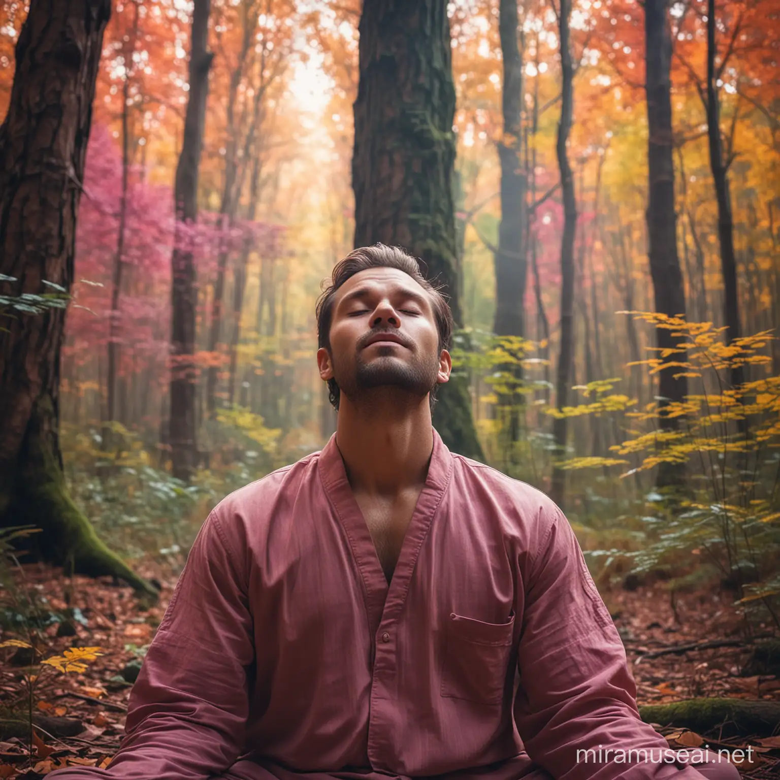 A man in a very relaxed state in very deep meditation. He has a calm look on his face and peaceful look as his eyes are closed. He is in a beatiful colorful yet mysterious forest