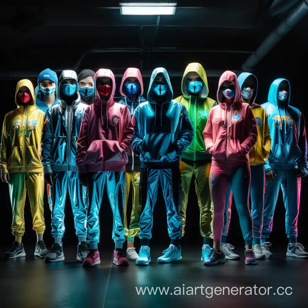 Девять персонажей в зеркальных масках и стоят в темноте, одеты в спортивную одежду. Маски разного цвета
