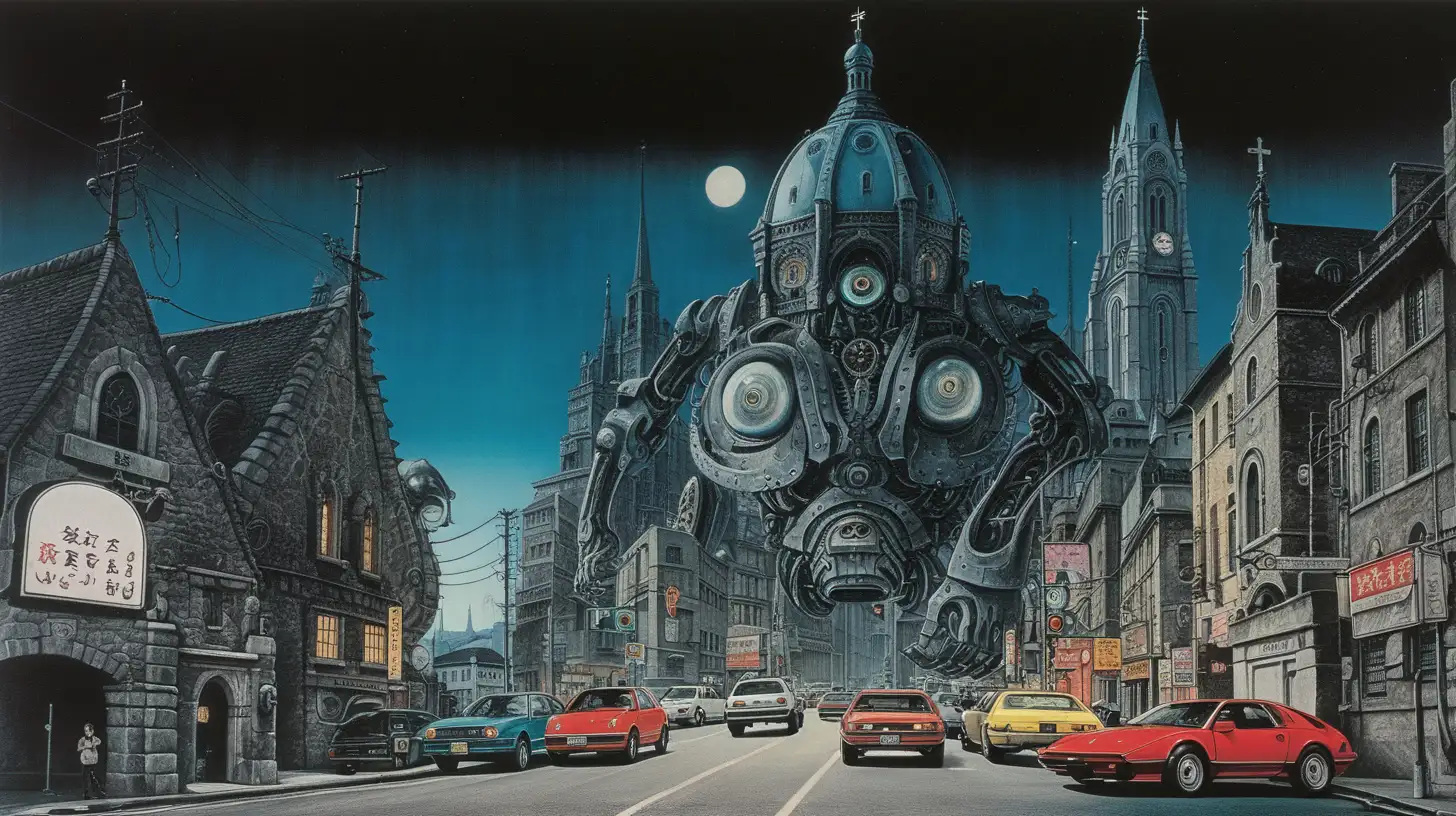 Studio Ghibli, ugly art, art by andy warhol, biomechanical, dark fantasy, city, roads, church