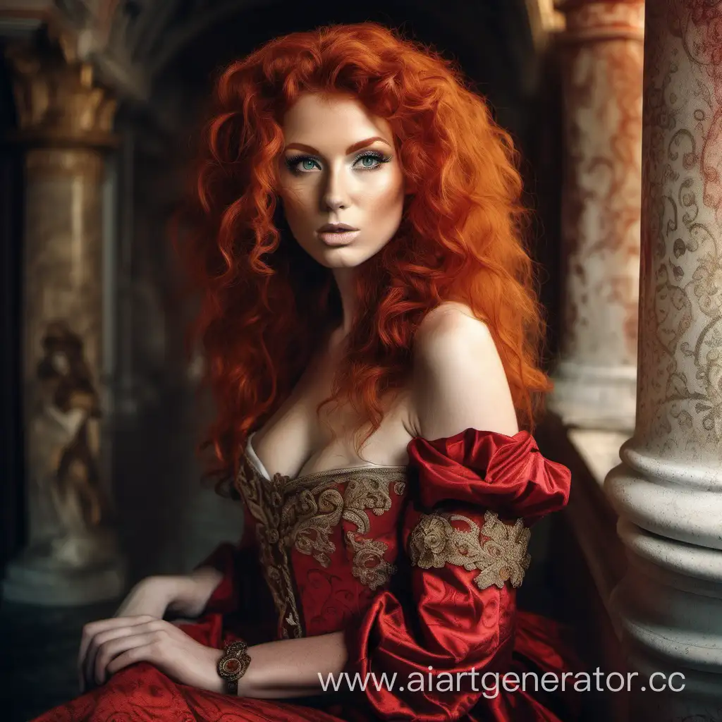 Venetian-Style-Portrait-Alluring-RedHaired-Woman-with-Curly-Hair