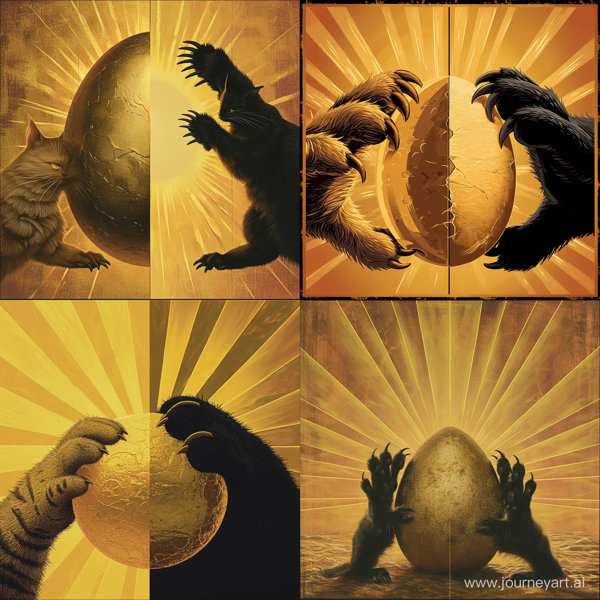 Golden egg, on the left side the egg is held by a cat's paw, on the right side the egg is held by a black cat's paw with claws, behind the egg are the rays of the sun, golden background, disney style