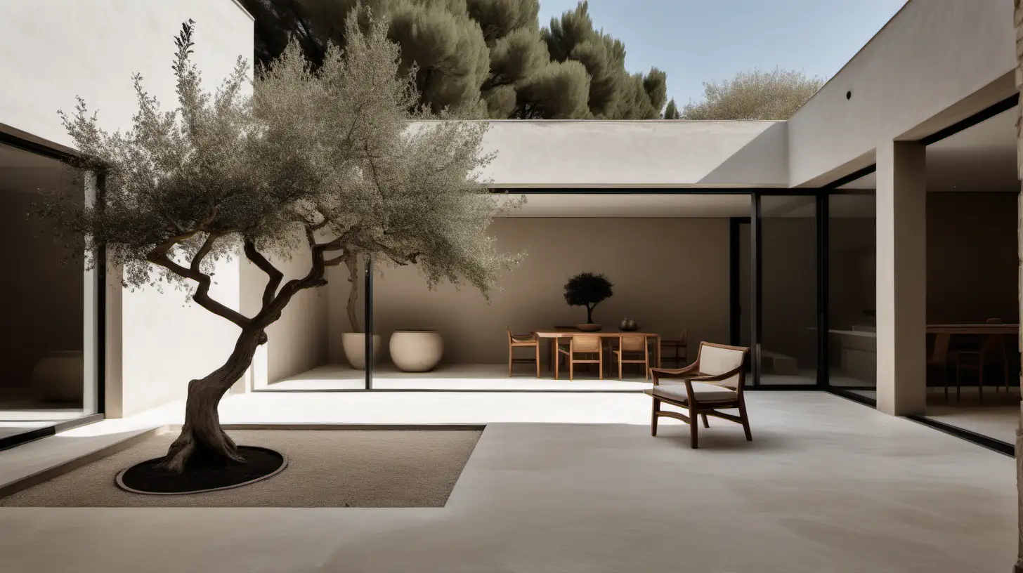 a minimalist organic Japandi large open courtyard with a single olive tree in the centre of estate home; walnut wood, Bauwerk limewash paint in Bone; limestone floor; chair
