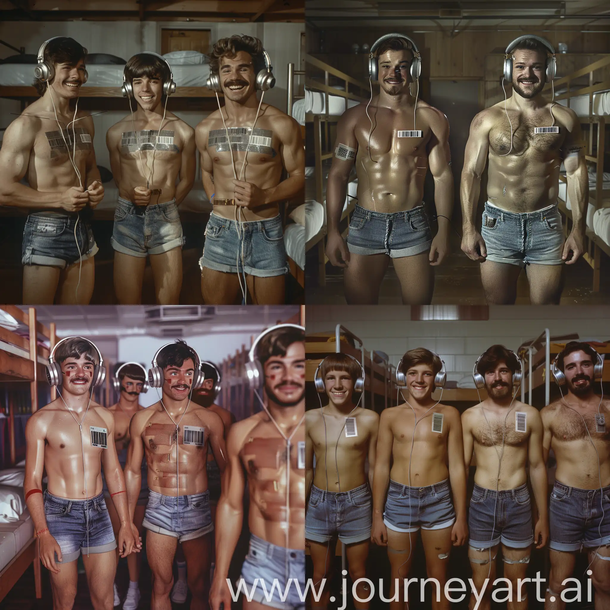 Handsome muscular teenage boys and handsome muscular middle-aged men each wear silver headphones and fitted cutoff denim shorts, dazed smiles, small barcode attached to each man's chest, 1980s youth hostel dorm with bunkbeds setting, facial hair, facing the viewer, mass indoctrination, color image, hyperrealistic, cinematic
