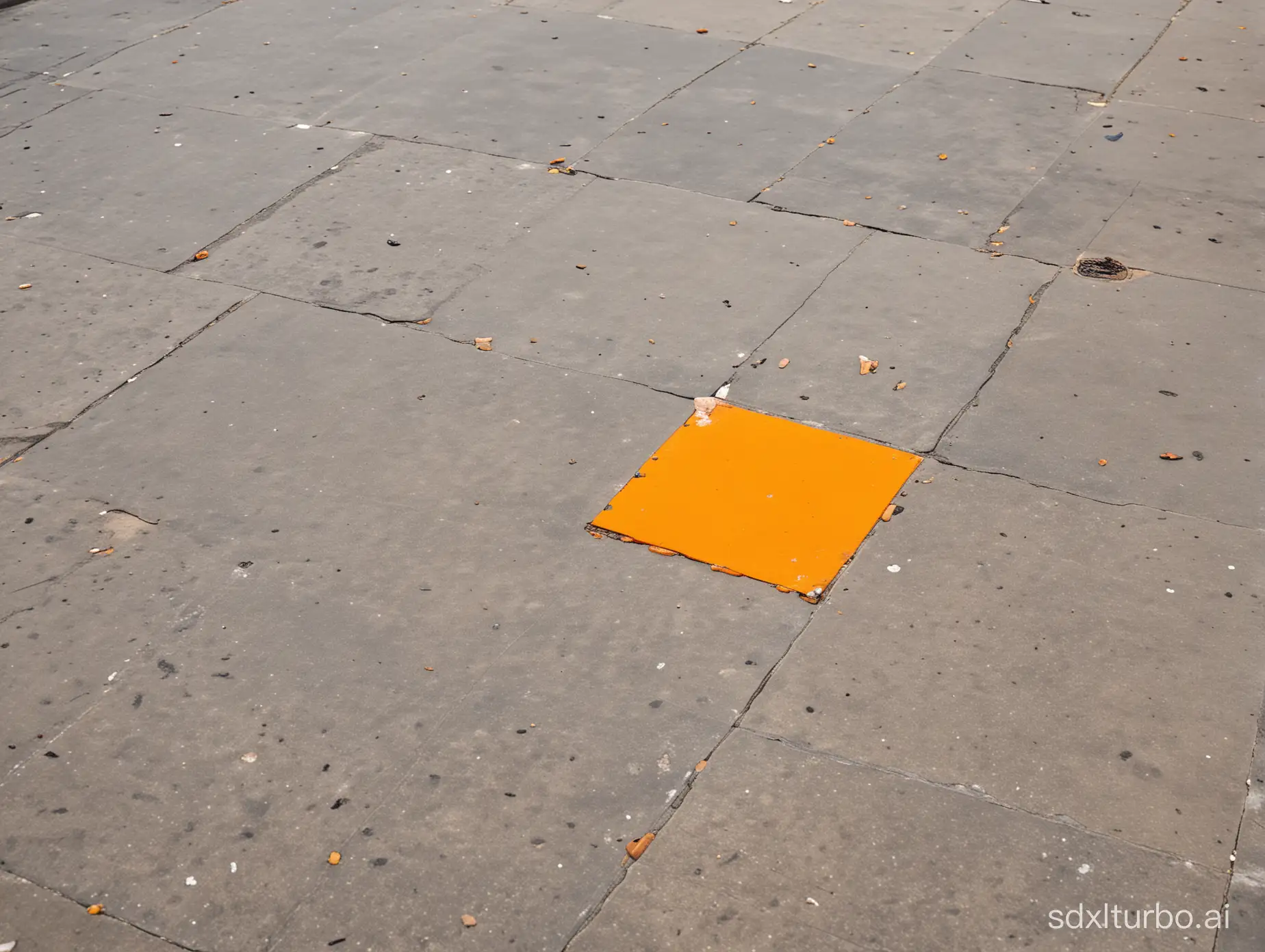 A orange square of 1sqft on the floor of a footpath on a street in business district of Bengaluru