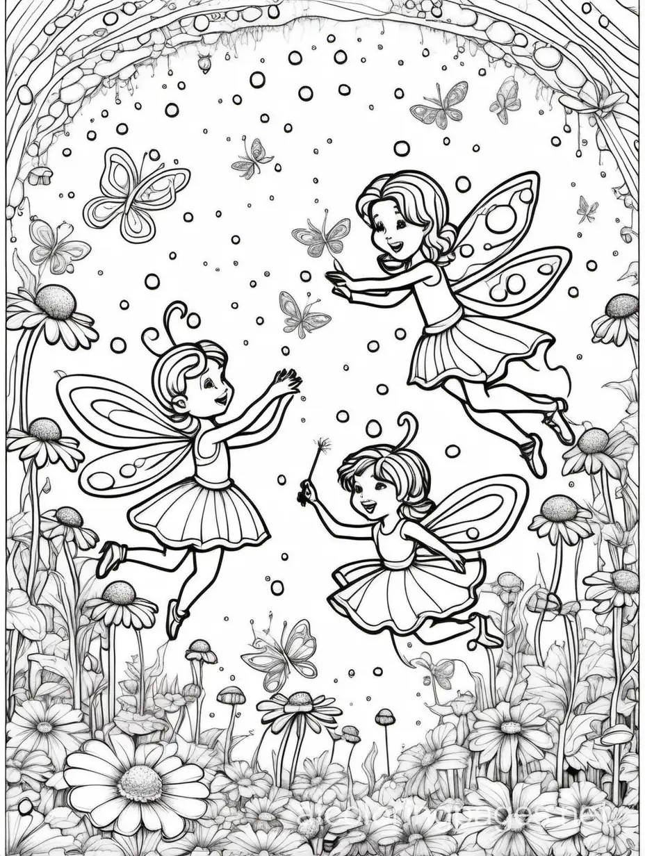 A whimsical scene of fairies dancing in a colorful garden filled with sparkling dewdrops and glowing fireflies. , Coloring Page, black and white, line art, white background, Simplicity, Ample White Space. The background of the coloring page is plain white to make it easy for young children to color within the lines. The outlines of all the subjects are easy to distinguish, making it simple for kids to color without too much difficulty