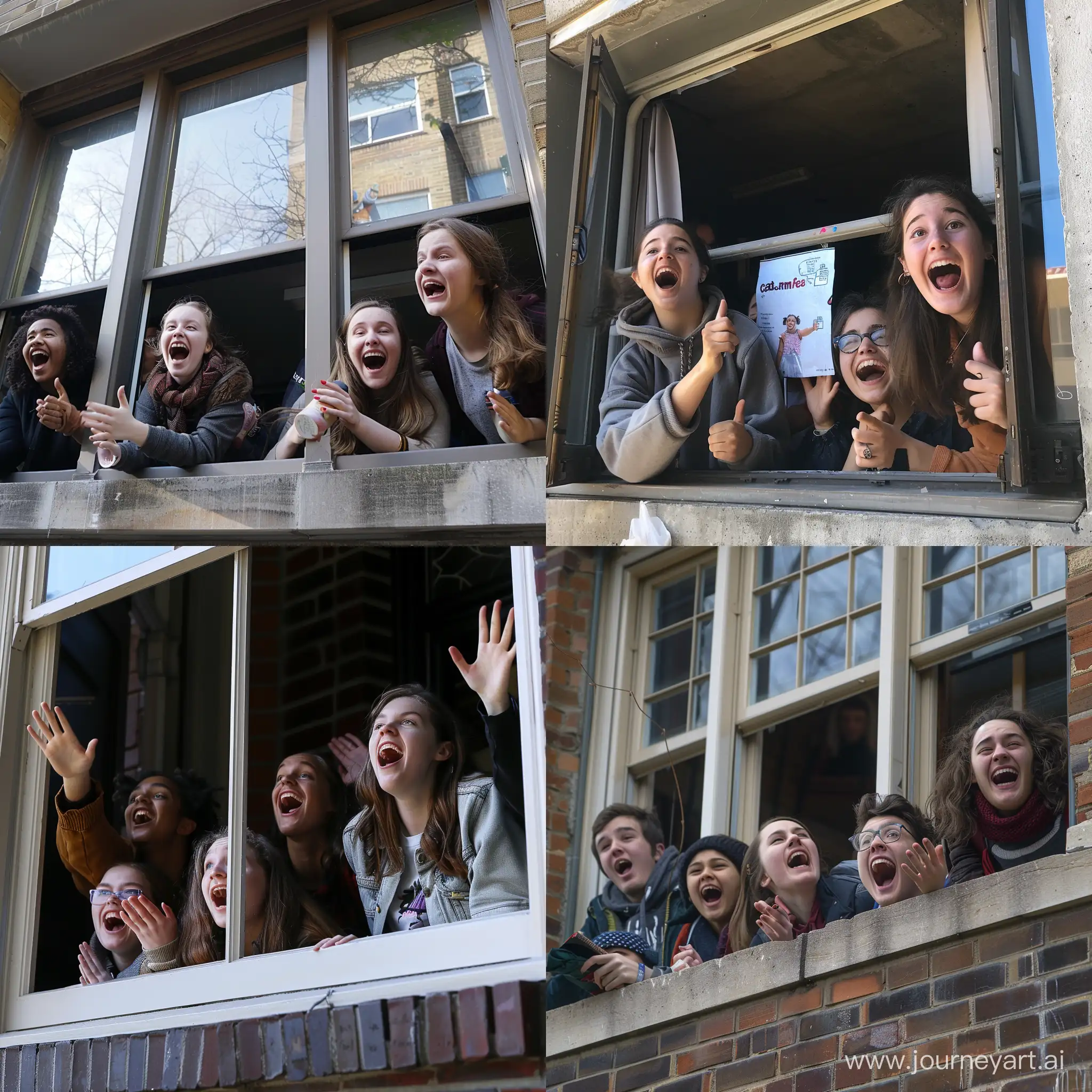 Students-Shouting-out-of-Windows-for-Freebies