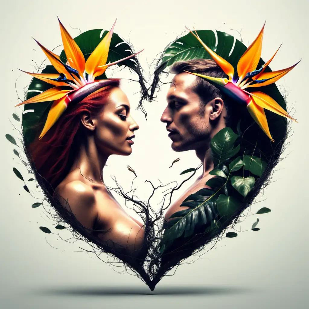 Two Caucasian man & woman human hearts connecting to each other, exploding with dark leafy bird of paradise flowers 
