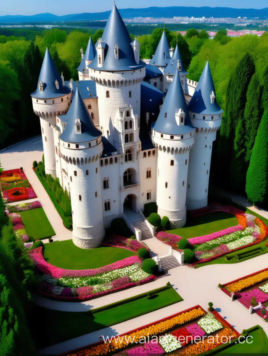 magnificent, royal, huge, majestic, tall white Romanesque castle, the castle stands on the ground, flowers bloom luxuriantly next to it, beautiful trees grow, walking paths, summer