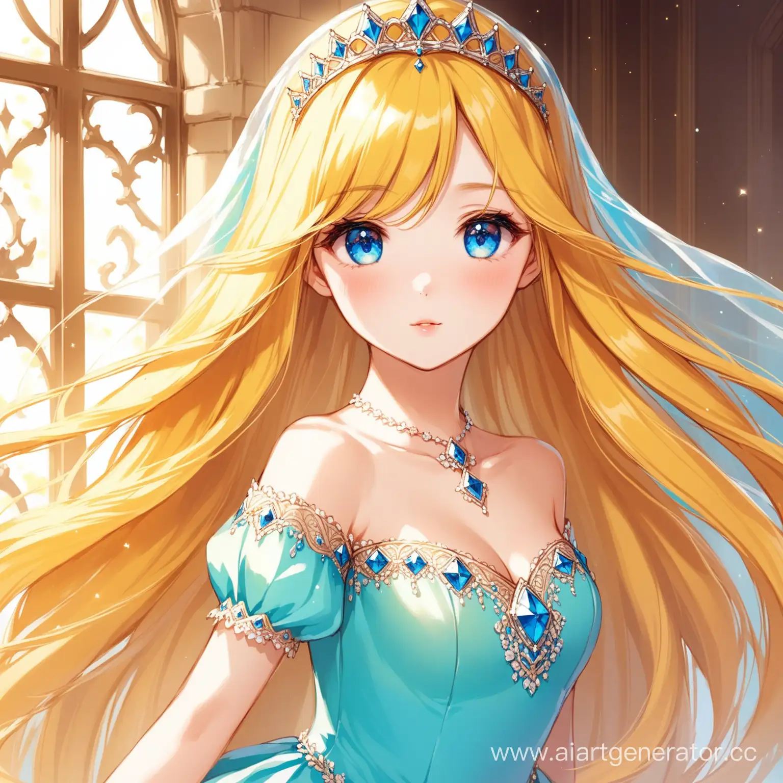 Beatiful girl. She is princess. She has yellow hair. Her eyes is blue. Her dress red. Her hair is long