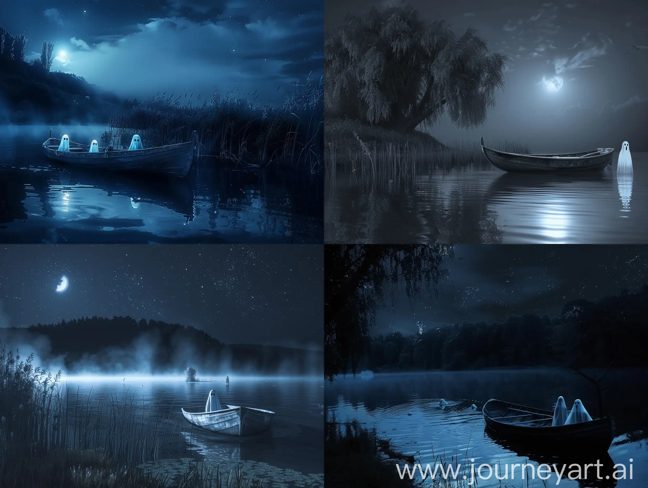 spooky lake at night with ghosts and a row boat