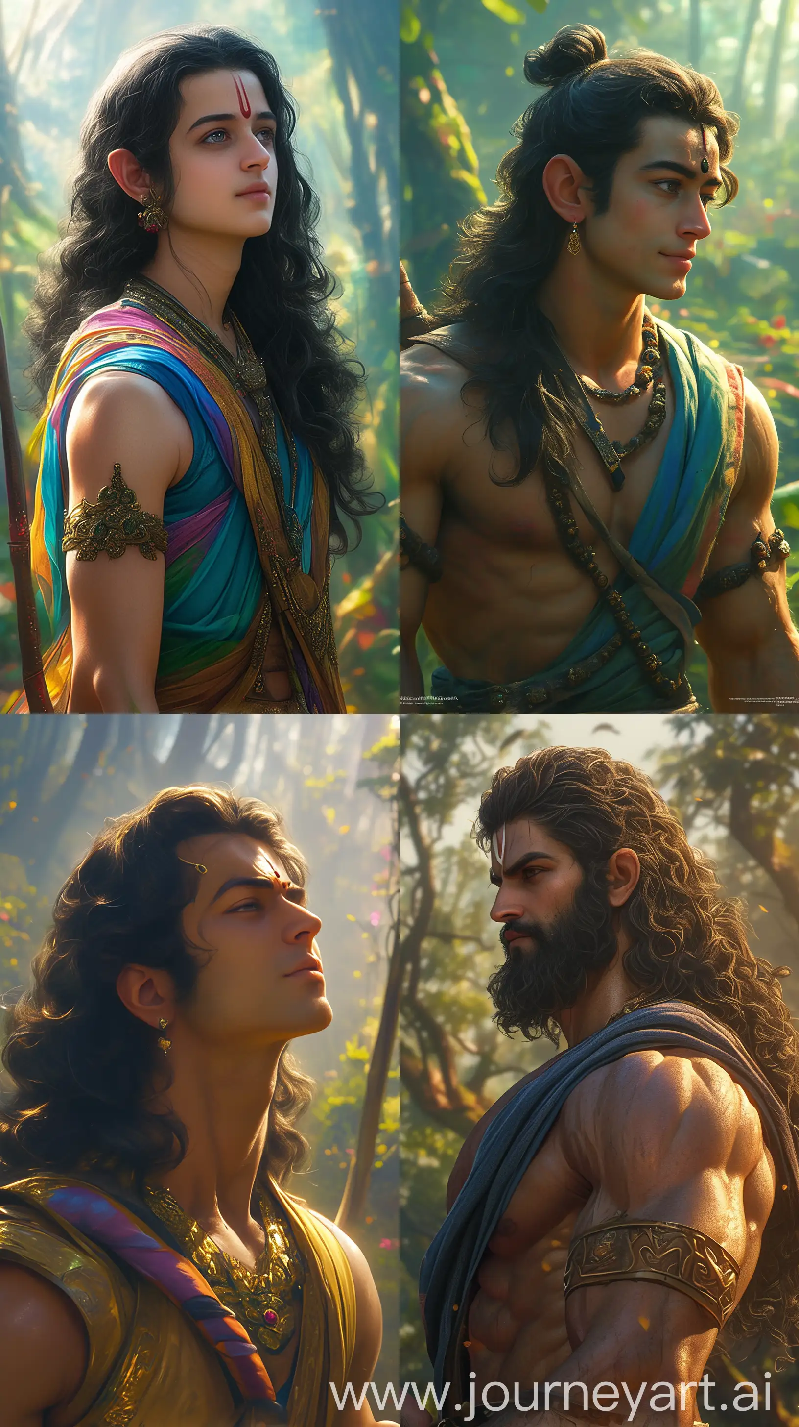 Realistic image of Lord ram around the age of 25, black long hair, clean shaven, seen as if talking with someone, forest background, intricate details, close-up image, traditional Hindu style, 8k quality --s 400 --ar 9:16 --niji 6
