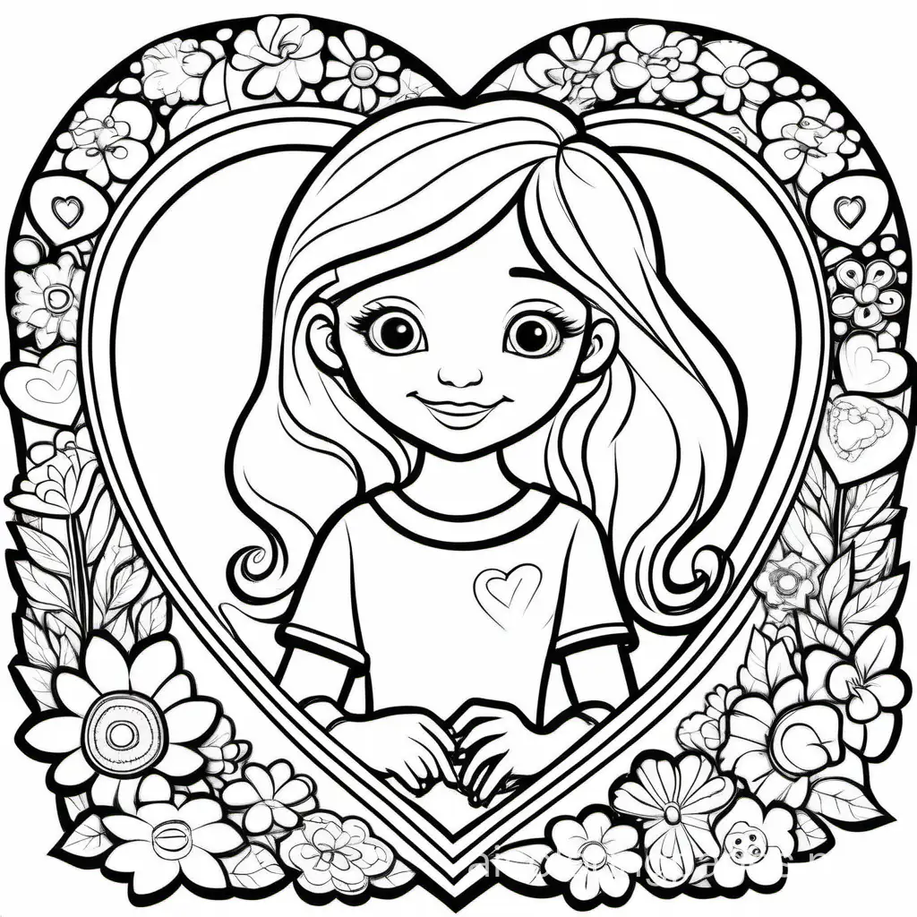 coloring book for children, different flowers inside a heart, a girl holding a heart, detailed, in a simple cartoon style, black and white, dashed graphics, white background, simplicity, enough white space, in a simple cartoon style, isolated, Coloring Page, black and white, line art, white background, Simplicity, Ample White Space. The background of the coloring page is plain white to make it easy for young children to color within the lines. The outlines of all the subjects are easy to distinguish, making it simple for kids to color without too much difficulty, Coloring Page, black and white, line art, white background, Simplicity, Ample White Space. The background of the coloring page is plain white to make it easy for young children to color within the lines. The outlines of all the subjects are easy to distinguish, making it simple for kids to color without too much difficulty