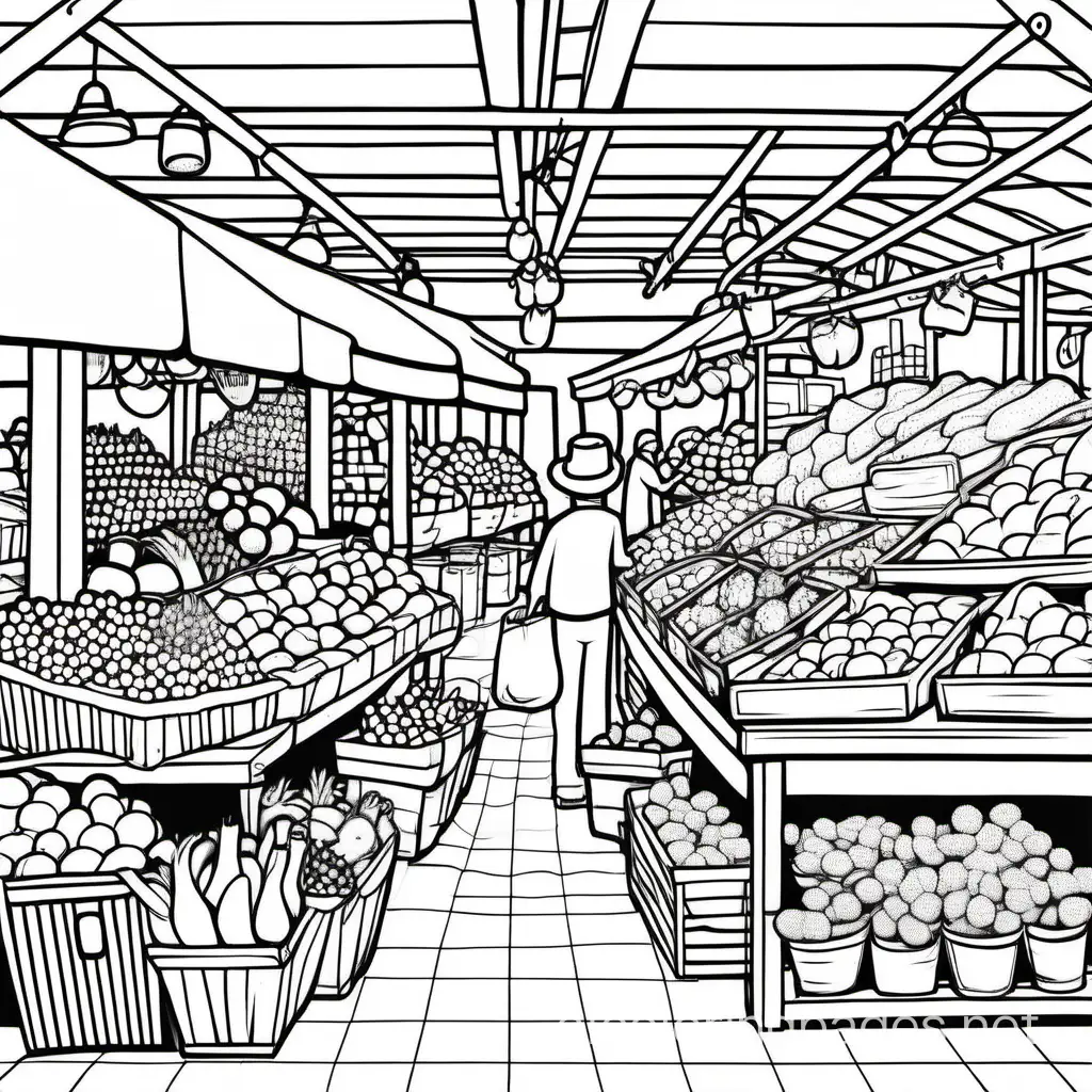 A vibrant farmer's market with stalls overflowing with fresh produce, flowers, and artisanal goods., Coloring Page, black and white, line art, white background, Simplicity, Ample White Space. The background of the coloring page is plain white to make it easy for young children to color within the lines. The outlines of all the subjects are easy to distinguish, making it simple for kids to color without too much difficulty