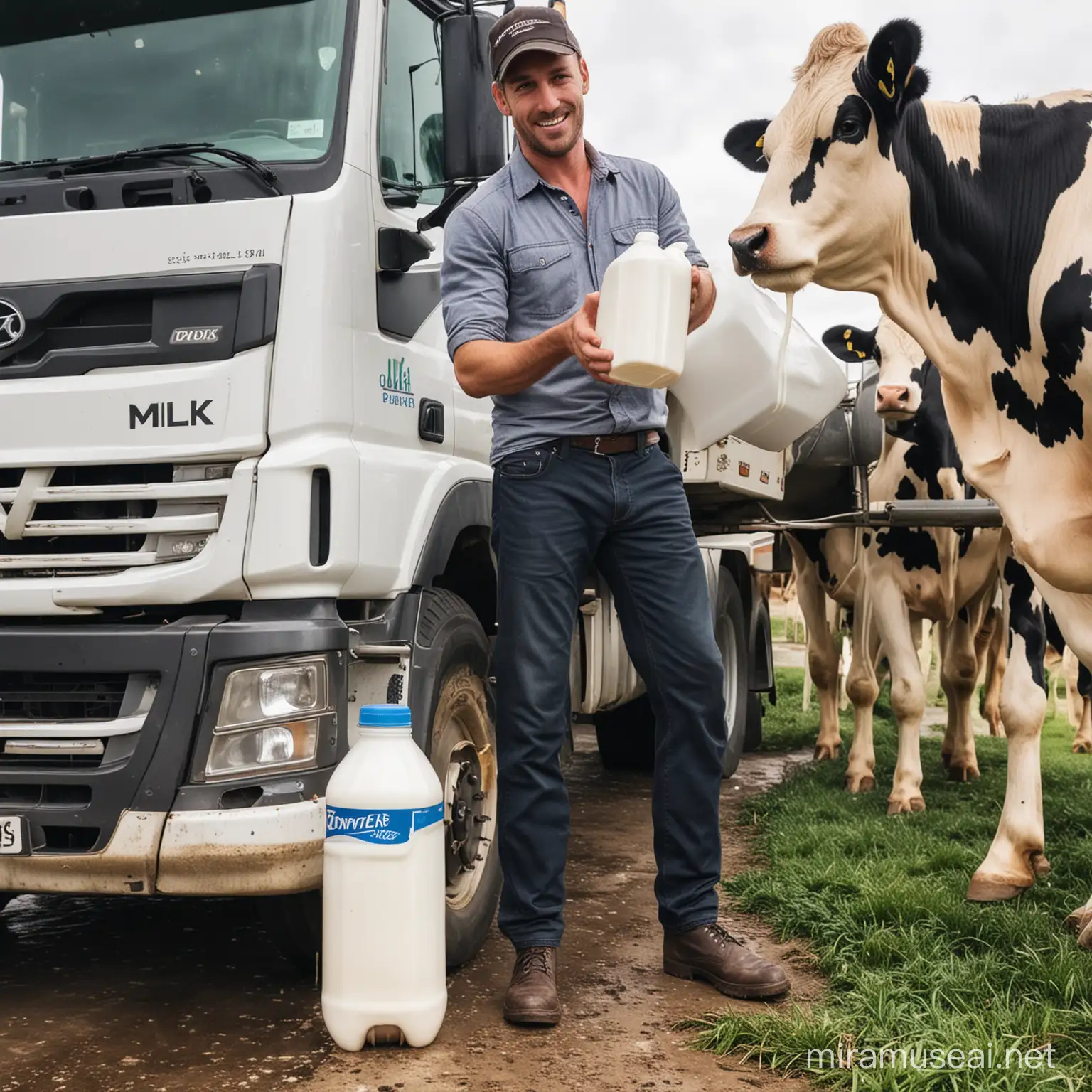 maak een foto van een vrachtwagenchaufeur die melk ophaald bij een boerderij met koeien
