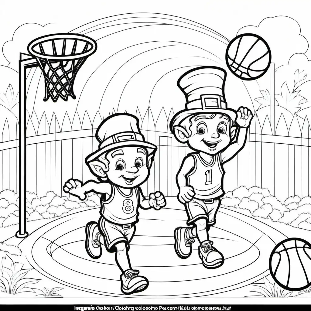 /imagine coloring pages for kids, leprechauns playing basketball, cartoon style, thick lines, low detail, no shading, black and white - - ar 85:110
