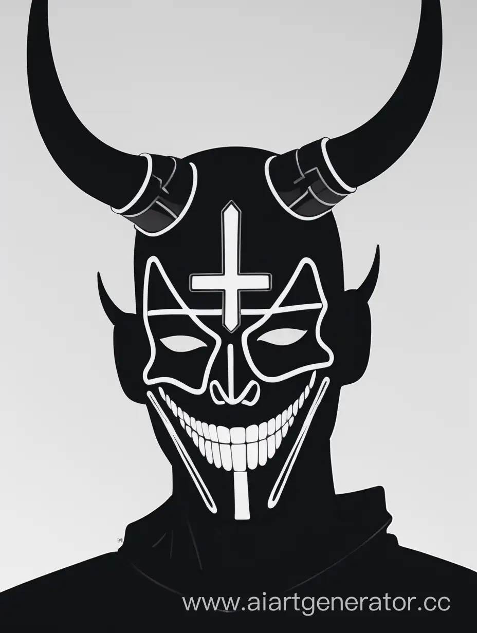 a black mask with horns and a neon white outline with neon white crosses in the place of the eyes and neon smile