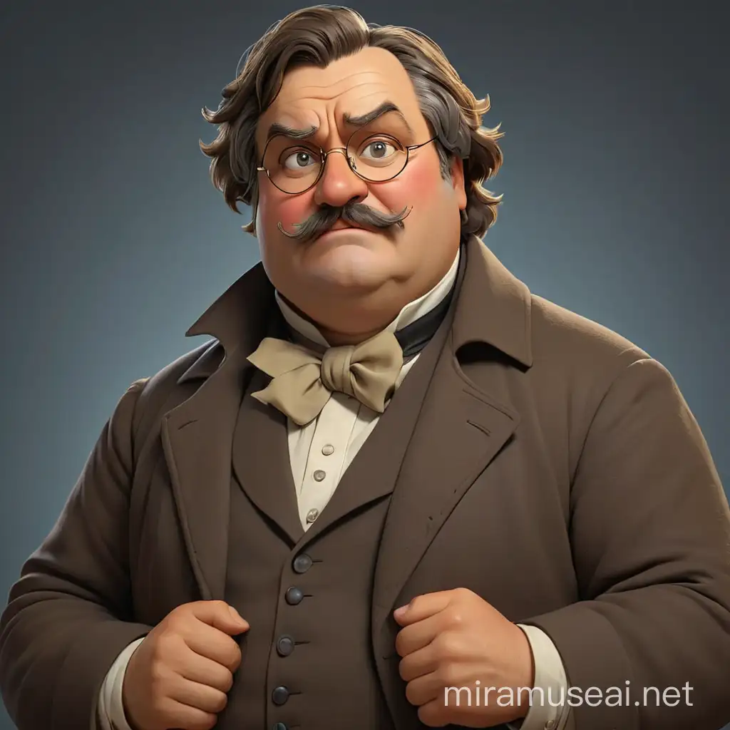 writer balzac stands proudly in pince-nez, looking up arrogantly, crossing his arms over his chest and raising his head. The image is in the style of realistic 3D animation, expressive features.