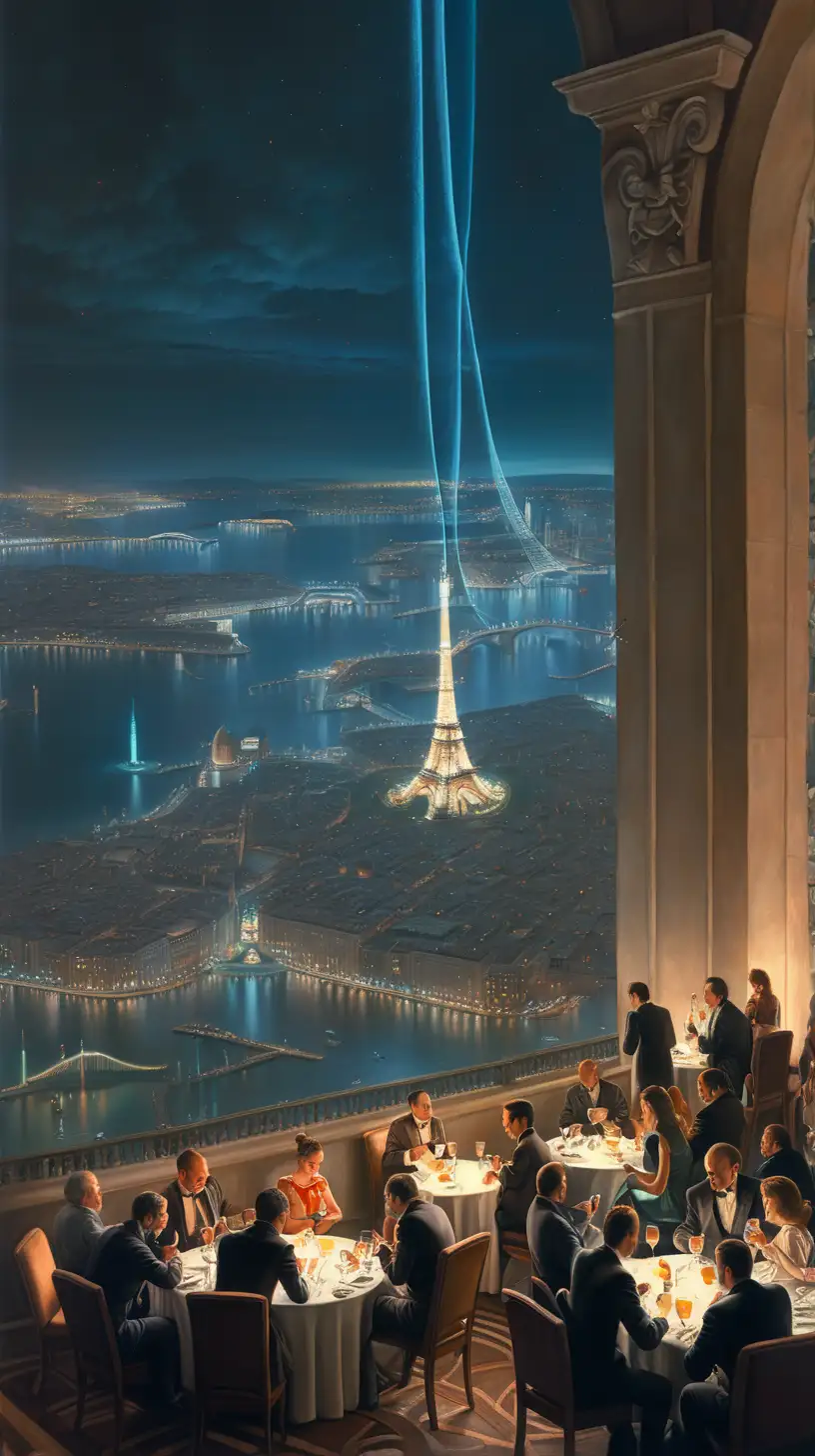 Futuristic Tower Party Overlooking Cityscape A Dark Fantasy
