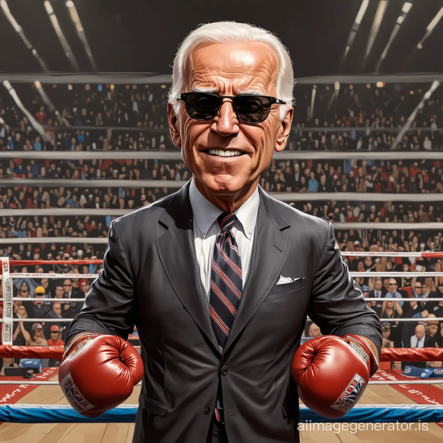 cartoon caricature of Joe Biden wearing dark sunglasses and standing in a boxing ring