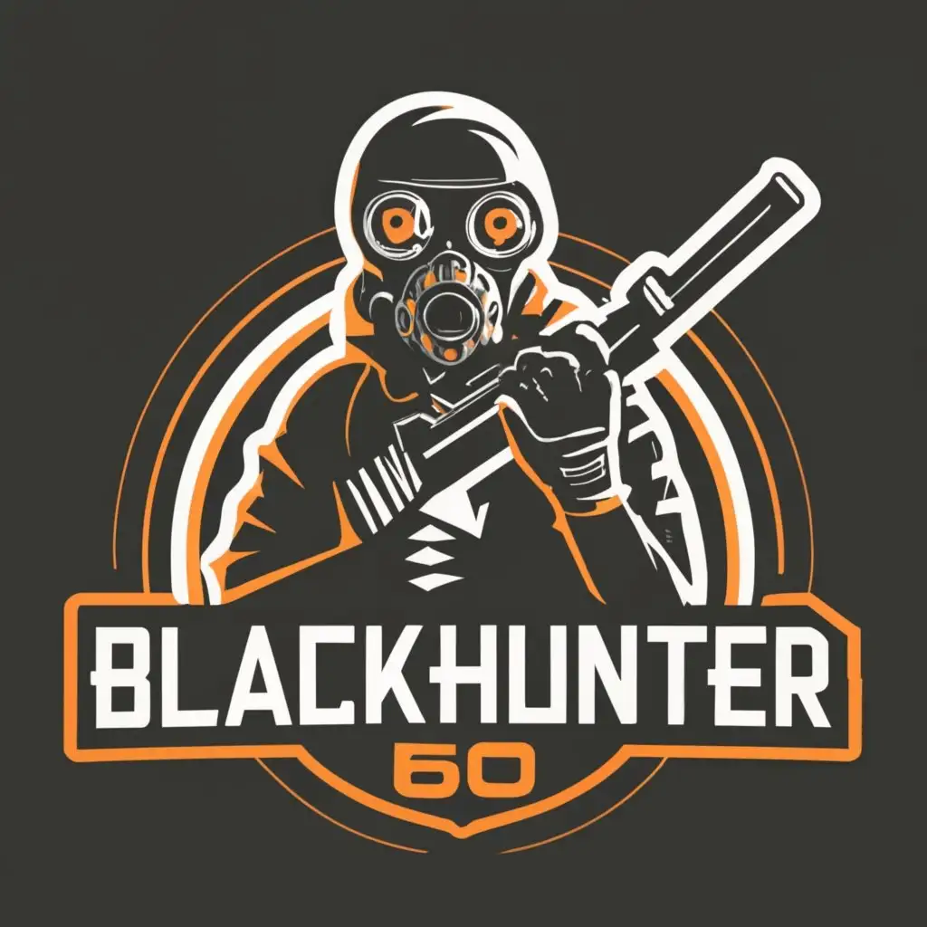 logo, Call of duty character with a gas mask and assault rifle weapon in the hand, with the text "BlackHunter60", typography, be used in Entertainment industry