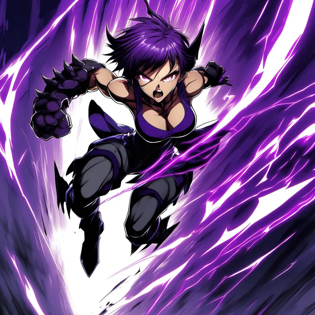 ﻿
anime woman, tall, buff, muscles, demon, mischievous expression, intimidating, intense, tomboy, short hair, full body, dynamic pose, shadow aura, purple theme, battle armored, overhead strike, leaping attack, view from below, claw attack, reaching forward