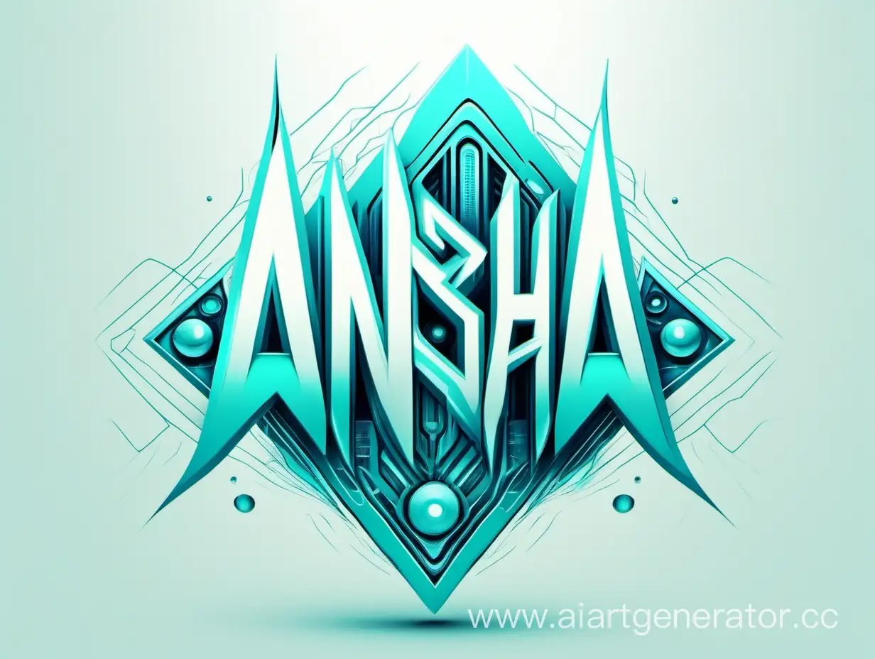 The logo with the inscription "Ansha" in turquoise on a white background is made in a futuristic and unusual style