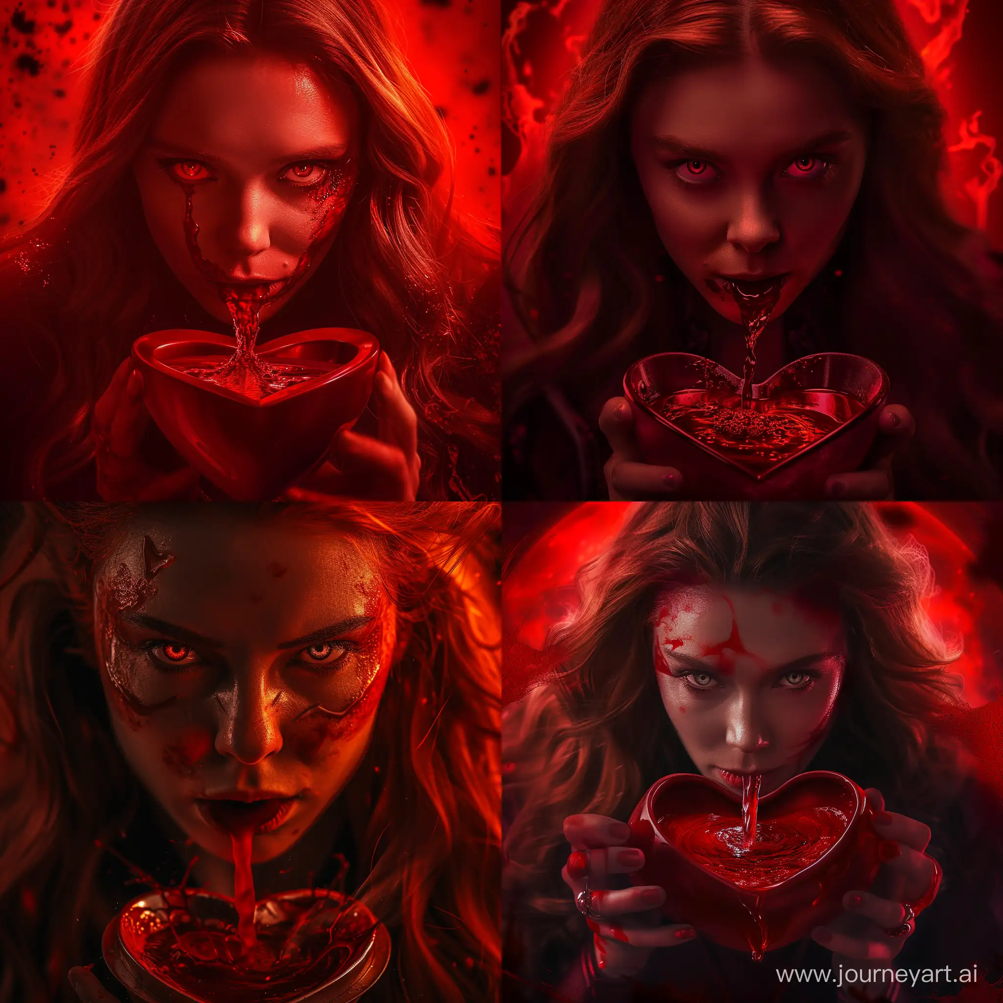 Marvel Scarlett Witch, heart-shaped bowl full of blood, drinking from the bowl, cinematic style, intense eyes, magical aura, deep red tones, dramatic lighting --ar 1:1 --v 6