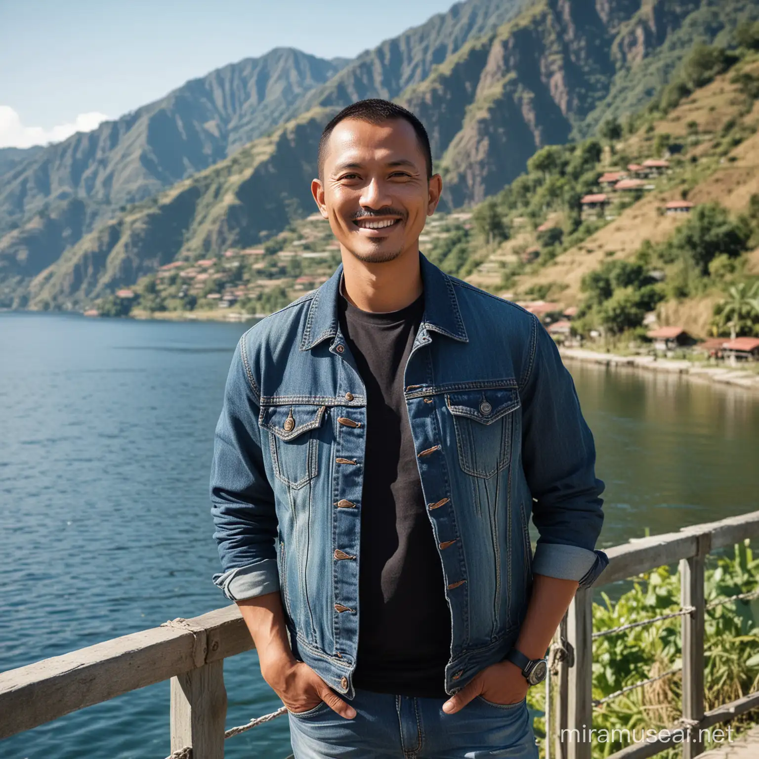 Handsome 45YearOld Indonesian Man Smiling by Lake Toba in North Sumatra