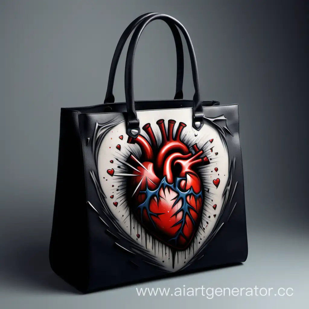 Нарисуй арт на женской сумке в стиле разбитого сердца, в стиле боли, кричащёй души.