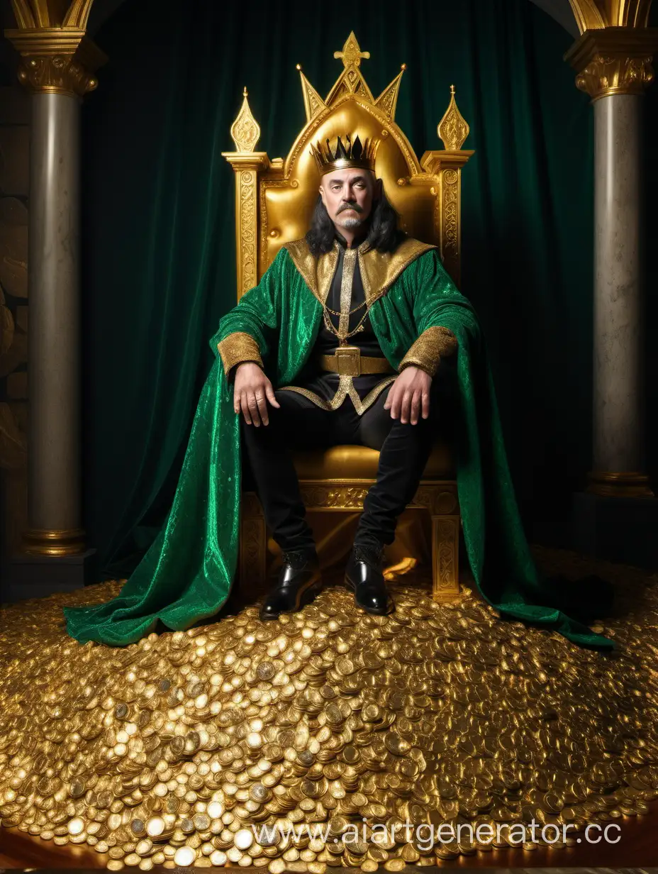 Medieval baron, a man, sits on a mountain of gold coins, emeralds, diamonds, on a golden throne in a room executed in the style of Italian Gothic, fantasy.